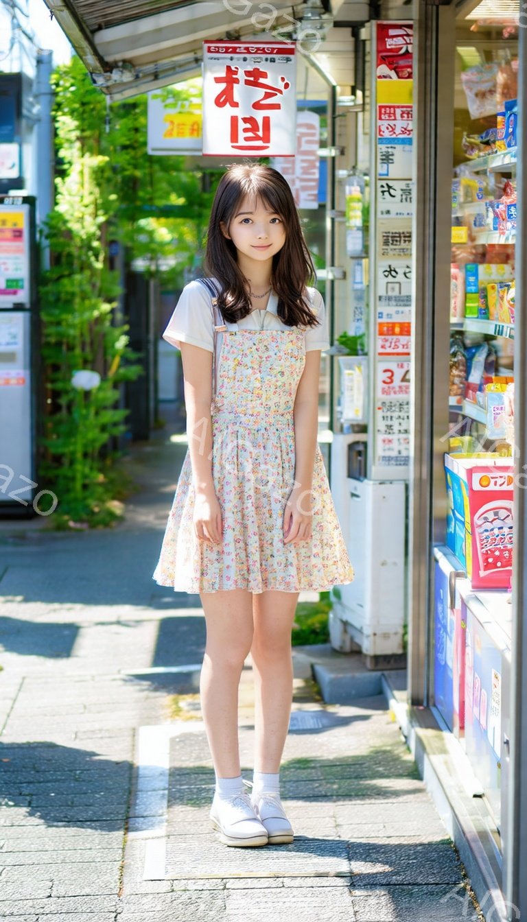 若い女性が、白いTシャツに花柄のワンピースを着て、白い靴下とスニーカーを履いて立っている。彼女は黒髪で、少し微笑んでいる表情で、穏やかな印象を与える。背景には、商品が並んだ小さな商店と、緑豊かな植物が見え、晴れた日の穏やかな街並みが感じられる。
