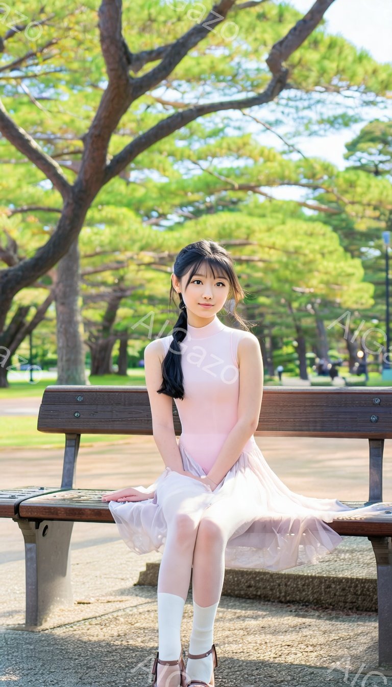 明るい日差しの公園で、少女がベンチに座っています。彼女は薄いピンク色のワンピースに白いハイソックスを履き、足元にはストラップのサンダルを履いています。髪は片側に結ばれており、穏やかな表情で正面を見ています。