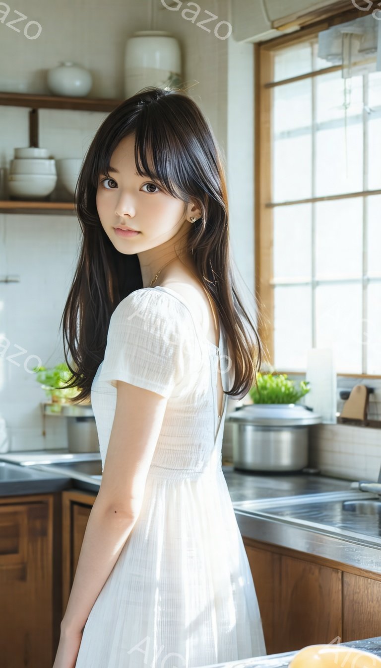 長い黒髪を肩にかけた若い女性が、白いノースリーブのワンピースを着てキッチンに立っている。彼女は少し振り返り、柔らかい表情でこちらを見ている。背景には白いタイルと木製のキャビネット、そして窓から差し込む明るい光があり、暖かく穏やかな雰囲気を醸し出している。
