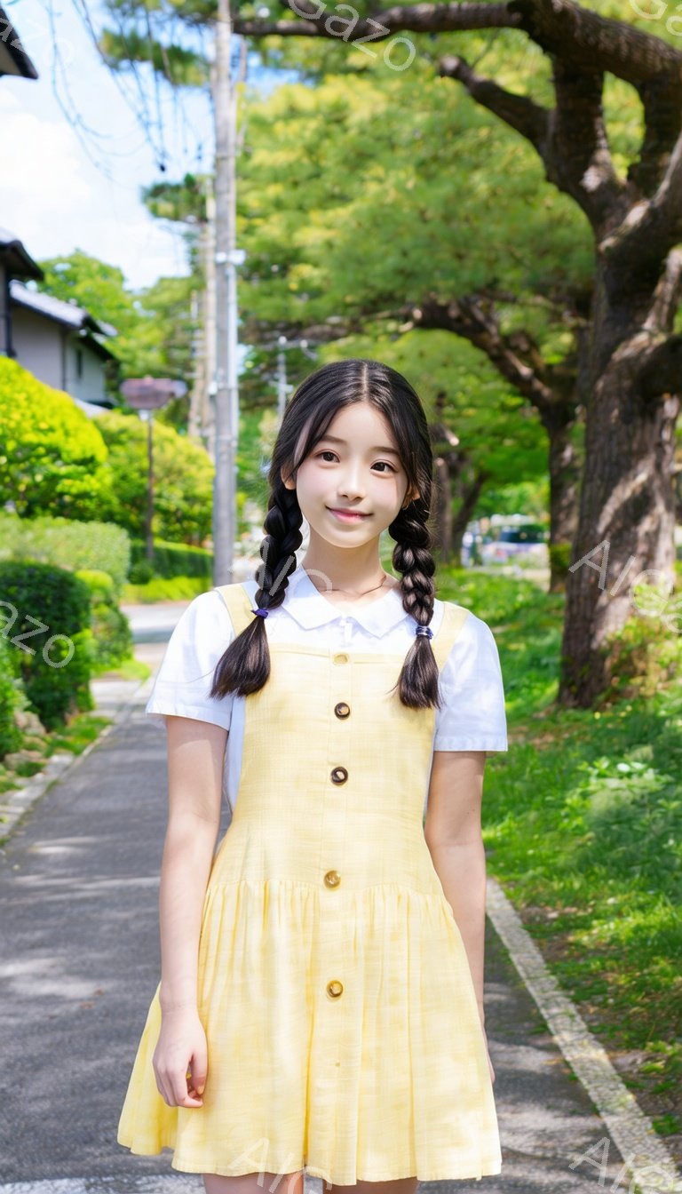 女の子は、白いブラウスに黄色のオーバーオールを着て、道を挟んで立っています。彼女は髪を二つに分けて結び、穏やかな笑顔を浮かべています。背景には緑豊かな木々と、日本の住宅街の様子が見え、晴れた日の穏やかな雰囲気が漂っています。