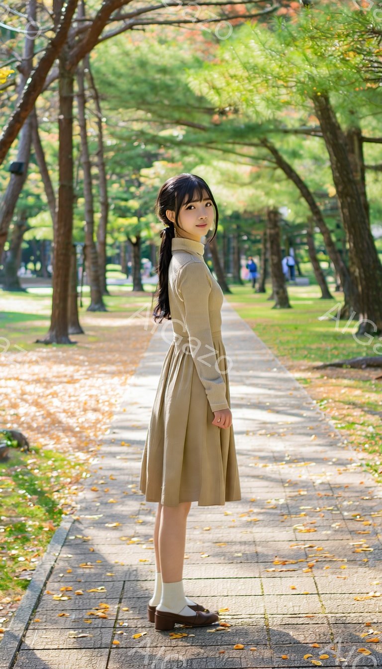明るい秋の日に、ベージュ色のワンピースを着た若い女性が、石畳の道に立っている。彼女は黒いロングヘアをポニーテールにし、少し微笑んでいる。背景には、紅葉した木々と緑の芝生が広がり、穏やかで暖かい雰囲気を醸し出している。
