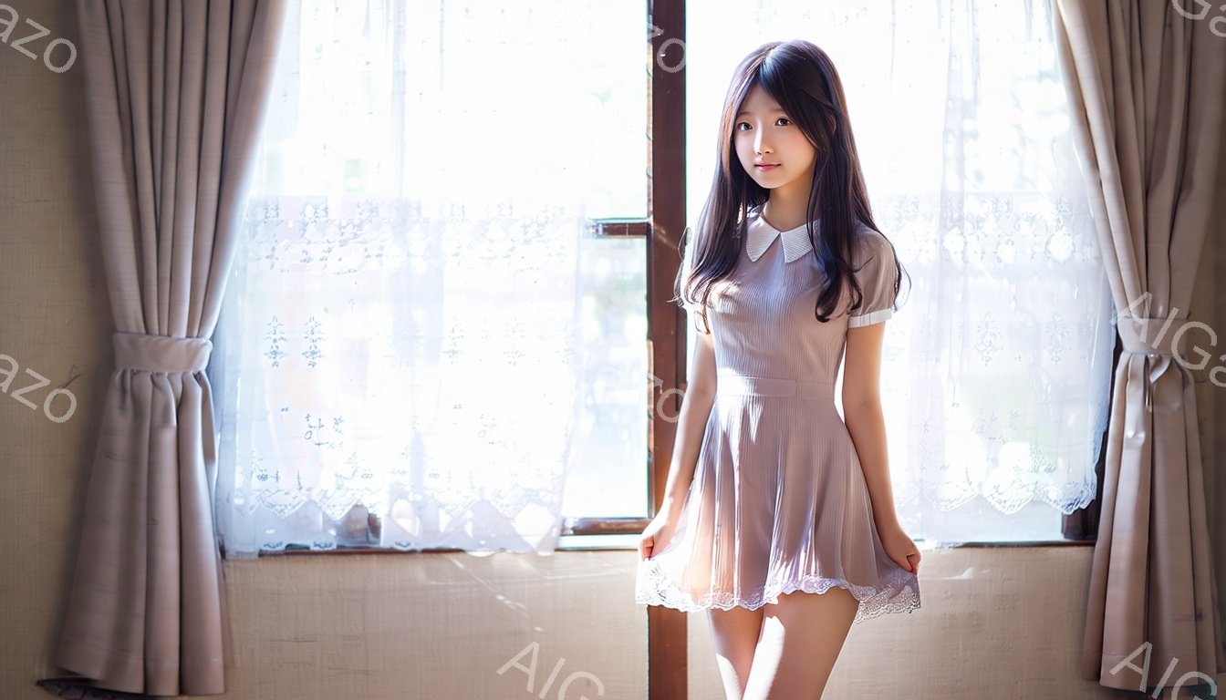 明るい窓辺に立つ若い女性は、淡いピンク色の膝丈ワンピースを着ています。彼女は長い黒髪を肩にかかっており、穏やかな微笑みを浮かべています。背景にはレースのカーテンとクリーム色のカーテンがあり、全体的に柔らかく優しい雰囲気を醸し出しています。