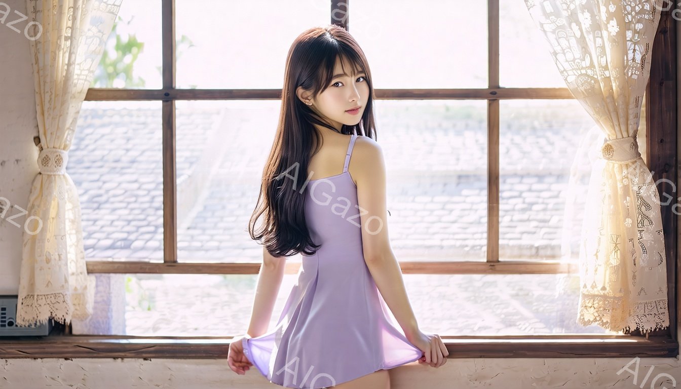 長い黒髪を肩から背中に流した女性が、薄紫色のキャミソールワンピースを着て、窓辺で微笑んでいる。ワンピースの裾を軽く握り、少し後ろを向いたポーズで、柔らかい光が彼女を包み込んでいる。背景には格子状の窓とレースのカーテン、そしてぼやけた街並みが見え、全体的に穏やかでロマンチックな雰囲気が漂っている。