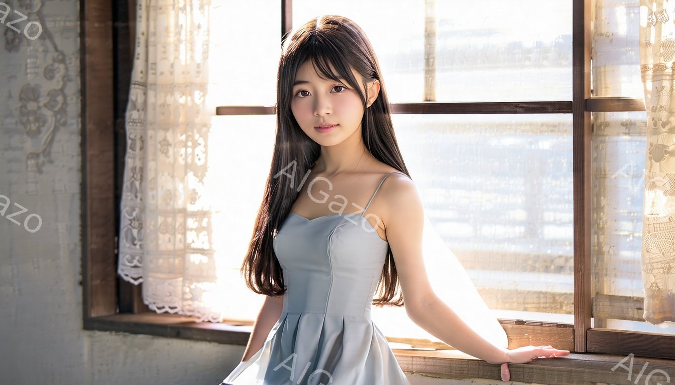 長い黒髪をセンターパートにした若い女性が、淡い水色のキャミソールワンピースを着て窓際に立っている。彼女は穏やかな微笑みを浮かべ、片手を窓枠に添えてリラックスした姿勢を見せている。窓の外にはぼやけた風景が広がり、レースのカーテンが柔らかい光を透過していることから、穏やかでノスタルジックな雰囲気が漂っている。