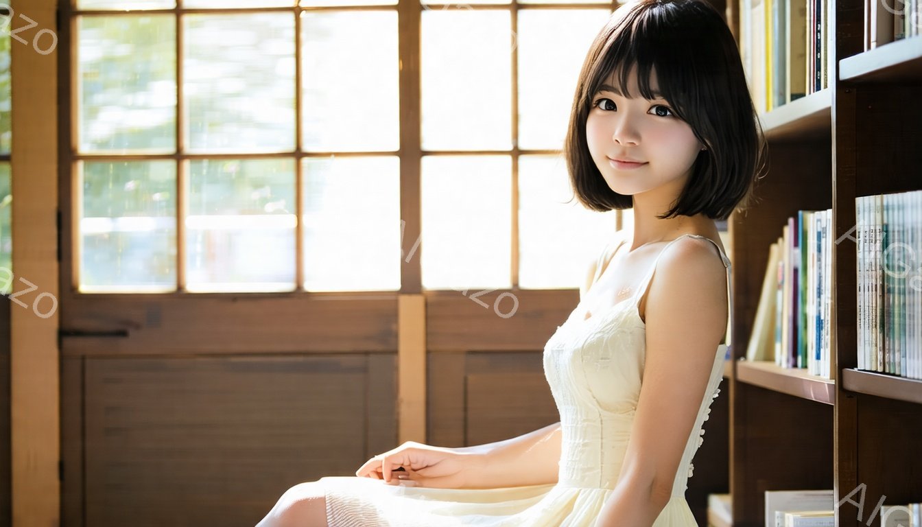 明るい色のキャミソールワンピースを着た若い女性が、木の棚の横に座っています。彼女は肩までの長さの黒髪で、少し微笑んでおり、リラックスした表情をしています。背景には木製の障子のような窓と本棚があり、柔らかい自然光が差し込んでいて、穏やかで落ち着いた雰囲気を醸し出しています。