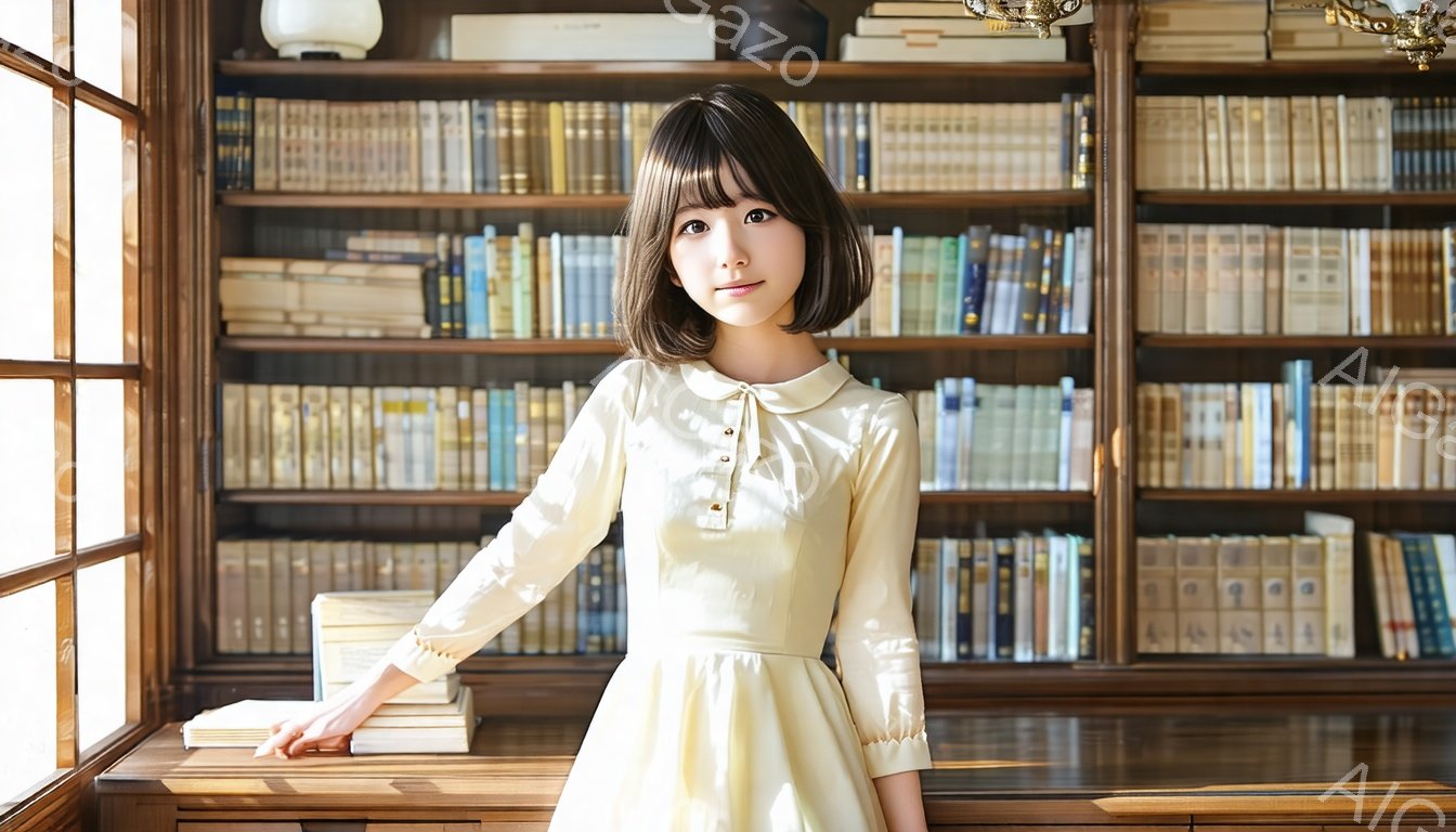明るいクリーム色のワンピースを着た若い女性が、古書の並んだ本棚の前でポーズをとっています。彼女は肩までの長さの茶髪で、控えめな笑顔を浮かべています。背景には、壁一面に並んだ古い本が積み重ねられた棚があり、アンティークな雰囲気を醸し出しています。