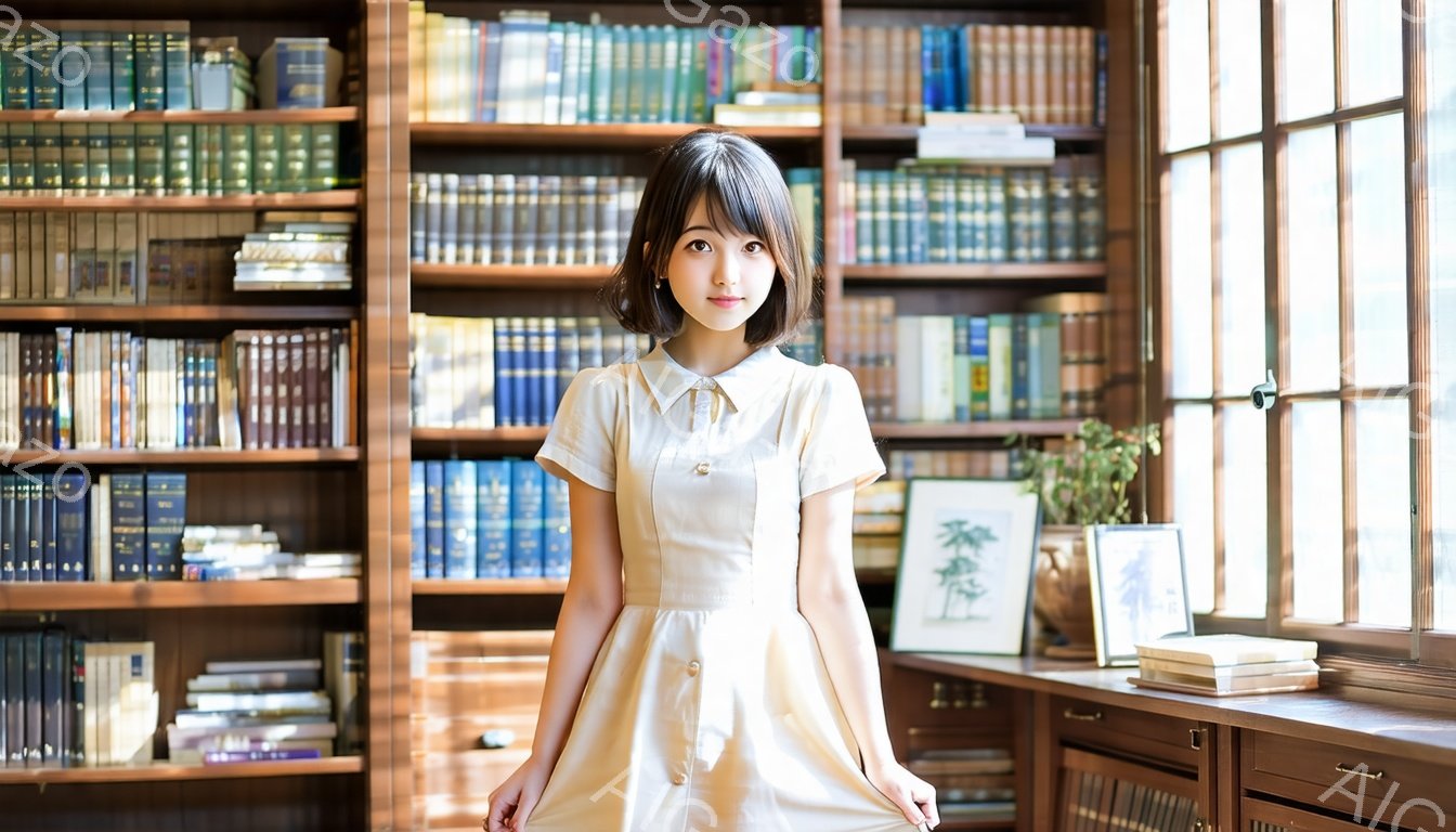 明るい色のワンピースを着た若い女性が立っている。彼女は黒髪のショートヘアで、穏やかな笑顔を浮かべている。背景には、多くの本が並んだ大きな本棚と、窓から差し込む自然光が見える、落ち着いた雰囲気の部屋である。