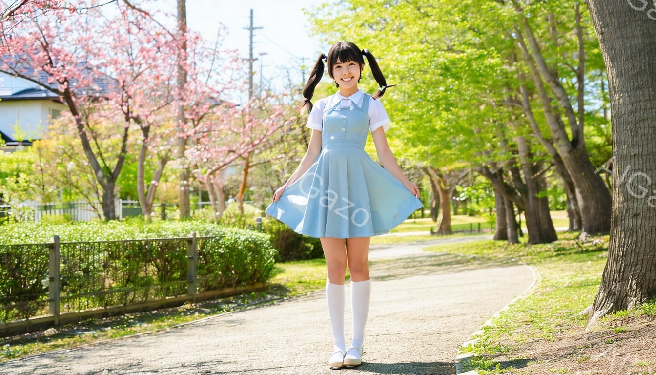 明るい日差しの公園で、水色のワンピースを着た若い女性が立っている。彼女は髪をツインテールにし、笑顔で前を見つめている。背景には、桜の木や緑豊かな植生、住宅が見え、春らしい穏やかな雰囲気が漂っている。