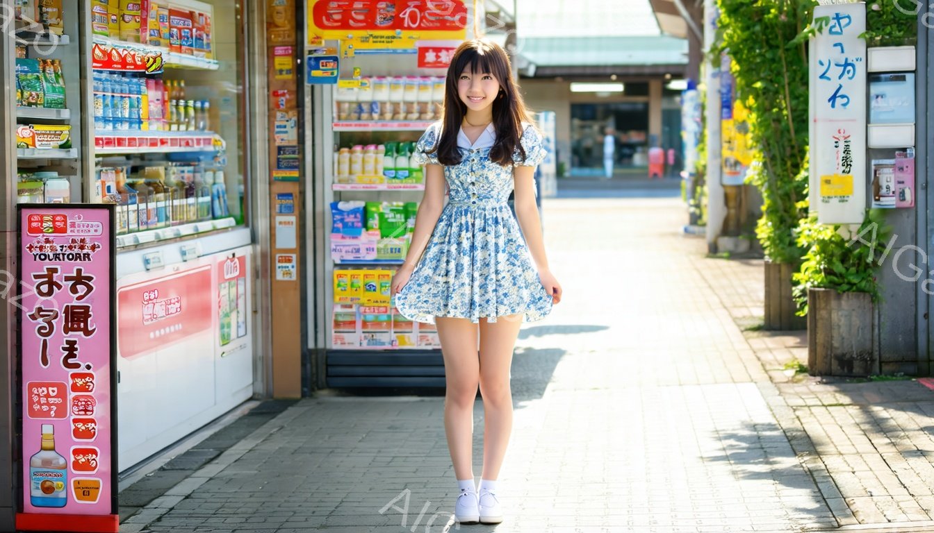 若い女性が、花柄の短いワンピースと白い靴下、白いスニーカーを身につけて、日当たりの良い道に立っている。彼女は微笑んでおり、少し前かがみの姿勢で、背景には商品が並んだ小さな商店と緑豊かな植物が見える。全体的に、明るく、爽やかで、平和な雰囲気が漂っている。