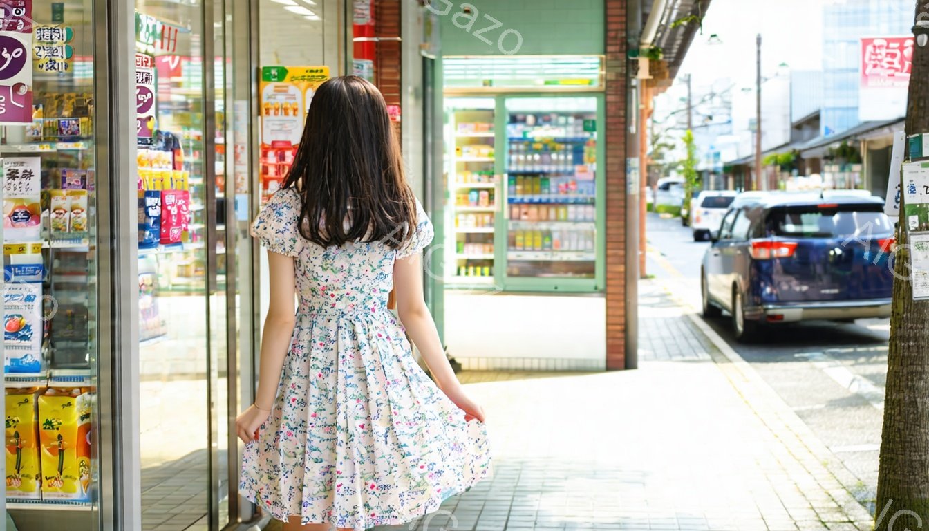 黒髪の女性が、花柄のワンピースを着て、商店街を歩いている。ワンピースはふんわりとしたフレアスカートで、女性は少し背を丸めて歩いている。背景には、自動販売機や車が見え、日差しが強く、夏の暑い日であることがわかる。