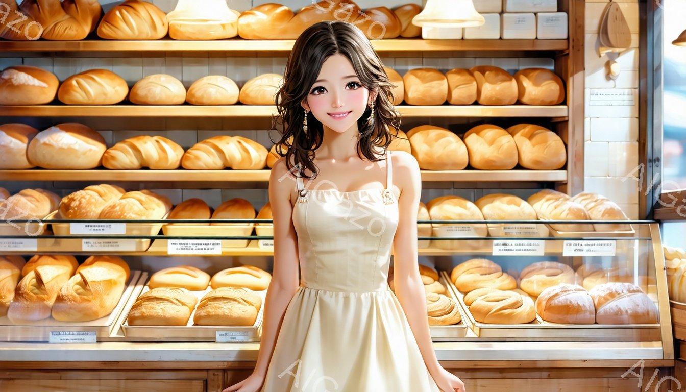 画像には、明るい小麦色のワンピースを着た若い女性が写っています。彼女は長い巻き毛の髪を持ち、穏やかな笑顔を浮かべています。背景には、様々な種類のパンが並んだパン屋の棚があり、暖かく親しみやすい雰囲気を醸し出しています。