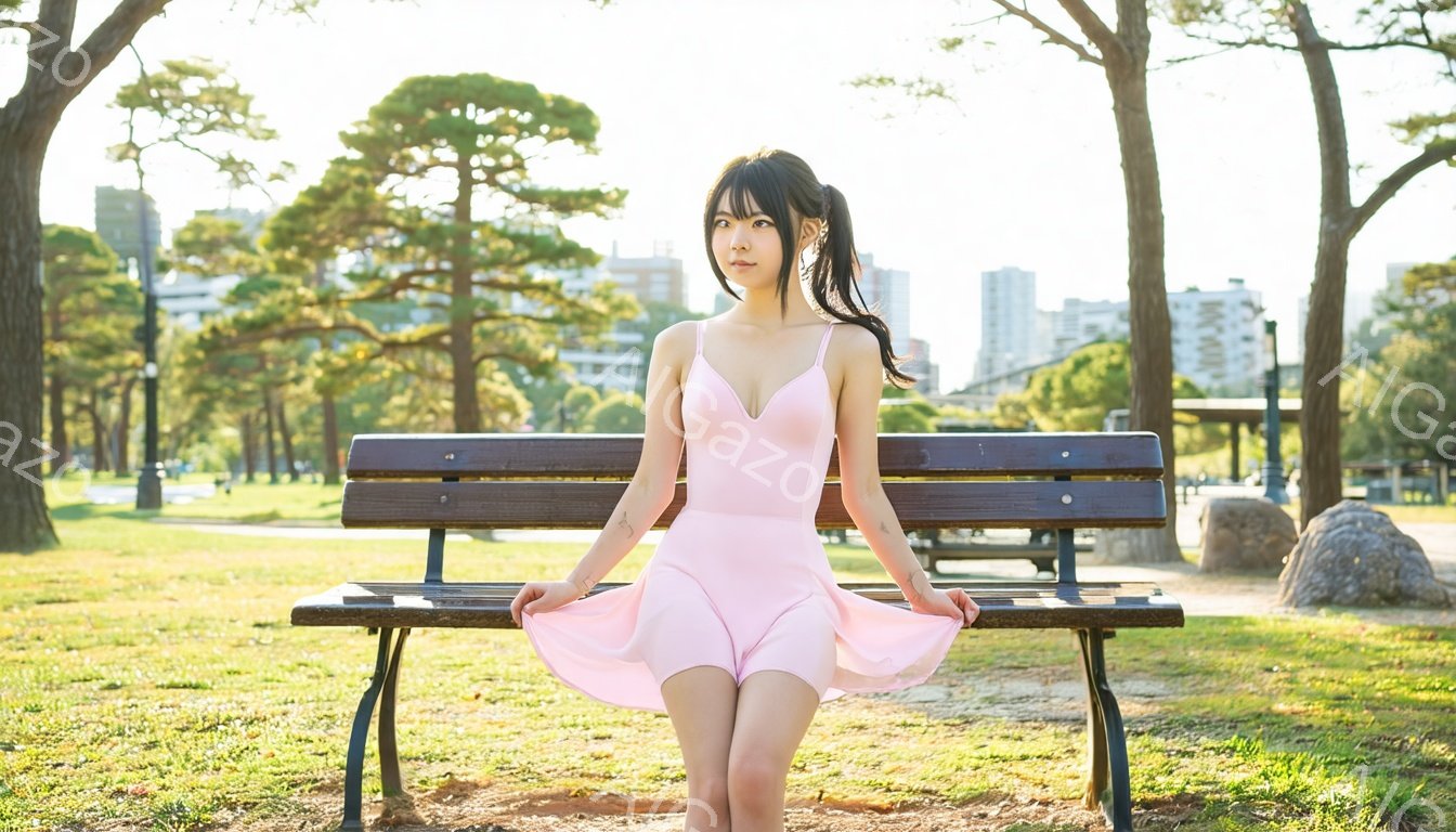 ピンク色のミニドレスを着た女性が公園のベンチに立っている。彼女は長い黒髪を後ろでまとめ、微笑んでいる。背景には緑豊かな草地、木々、そして遠くに見える建物があり、晴れた日の穏やかな雰囲気が漂っている。