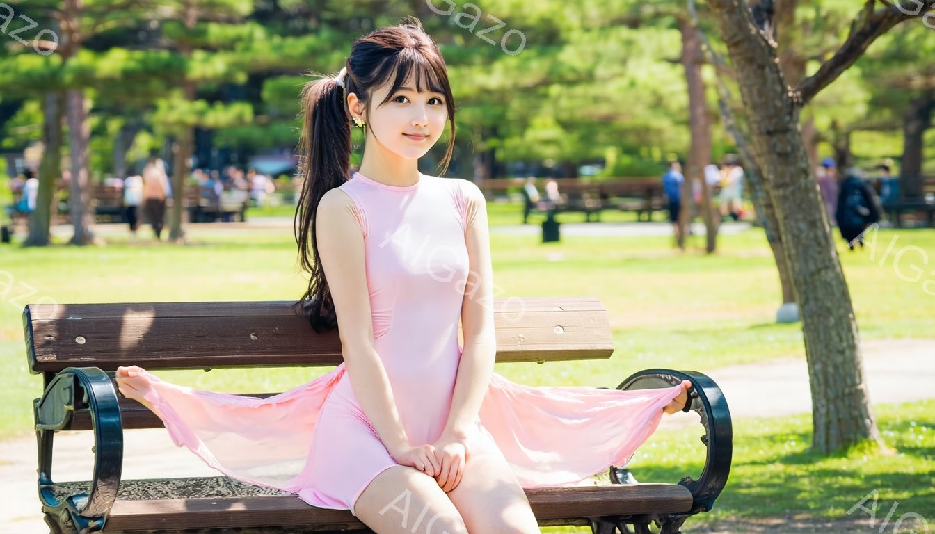 若い女性が公園のベンチに座っており、ピンク色のワンピースを着ています。彼女は長い黒髪をポニーテールにしており、穏やかな笑顔を浮かべています。背景には緑豊かな芝生と木々が見え、晴れた日の穏やかな雰囲気が漂っています。