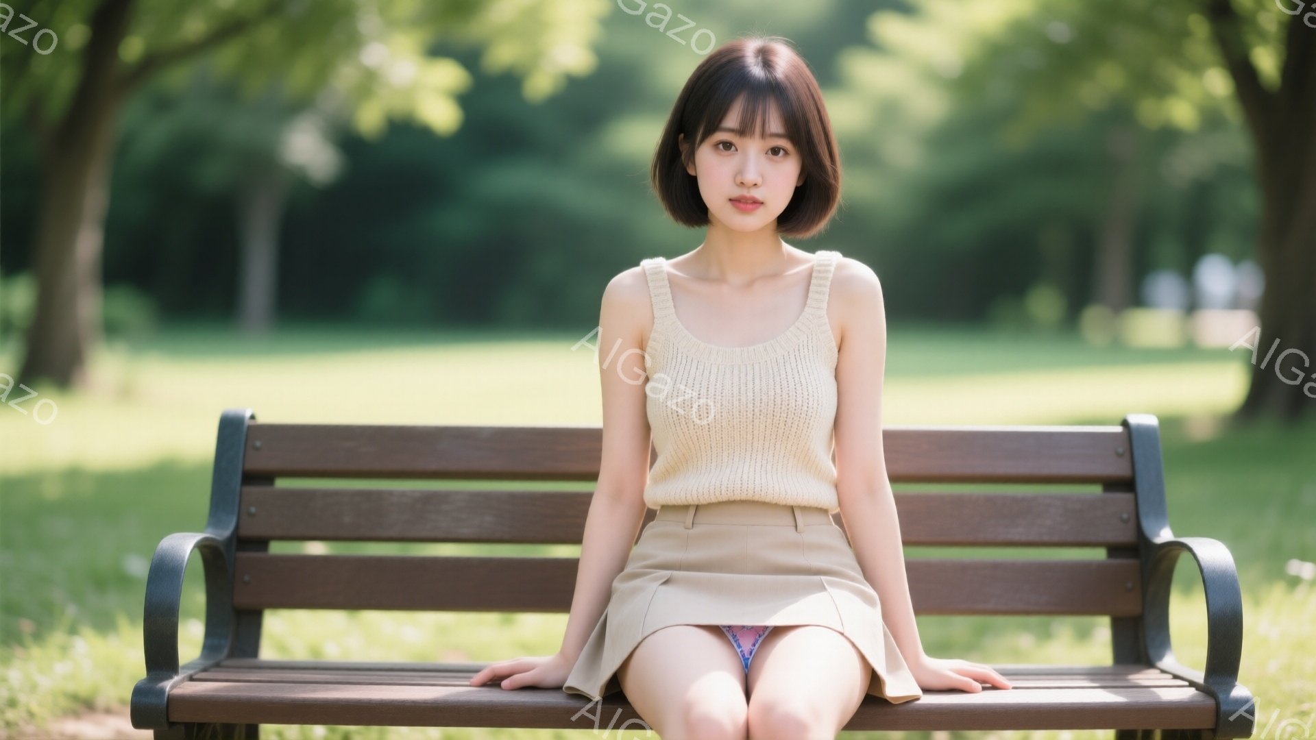 若い女性が公園のベンチに座っています。ベージュ色のニットベストとミニスカートを身に着け、ダークブラウンのショートボブヘアで、穏やかな表情をしています。背景には緑豊かな木々と芝生が広がり、晴れた日の穏やかな雰囲気です。