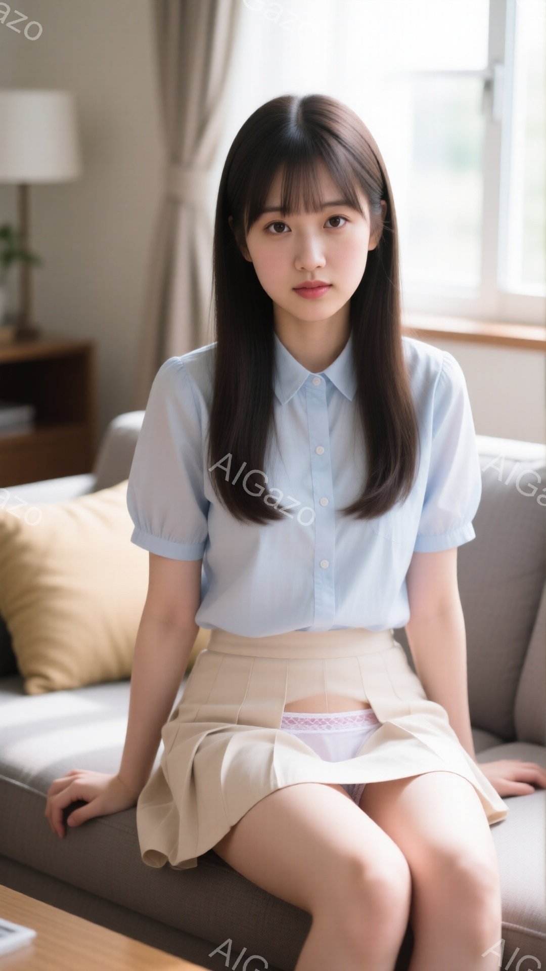 長い黒髪に前髪が少しだけカールした女性が、薄い水色のブラウスとベージュのプリーツスカートを着てソファに座っています。彼女は正面を見据え、わずかに微笑んでいます。背景には薄い色の壁と、ぼやけた家具が見え、全体的に柔らかく落ち着いた雰囲気です。