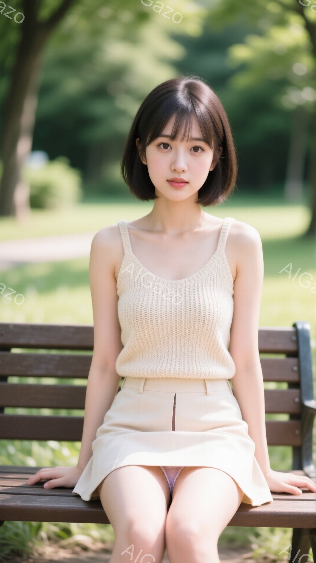 若い女性が公園のベンチに座っています。ベージュのニットベストとミニスカートを着用し、黒髪のボブヘアで、穏やかな表情を浮かべています。背景には緑豊かな木々が見え、晴れた日の穏やかな雰囲気が漂っています。