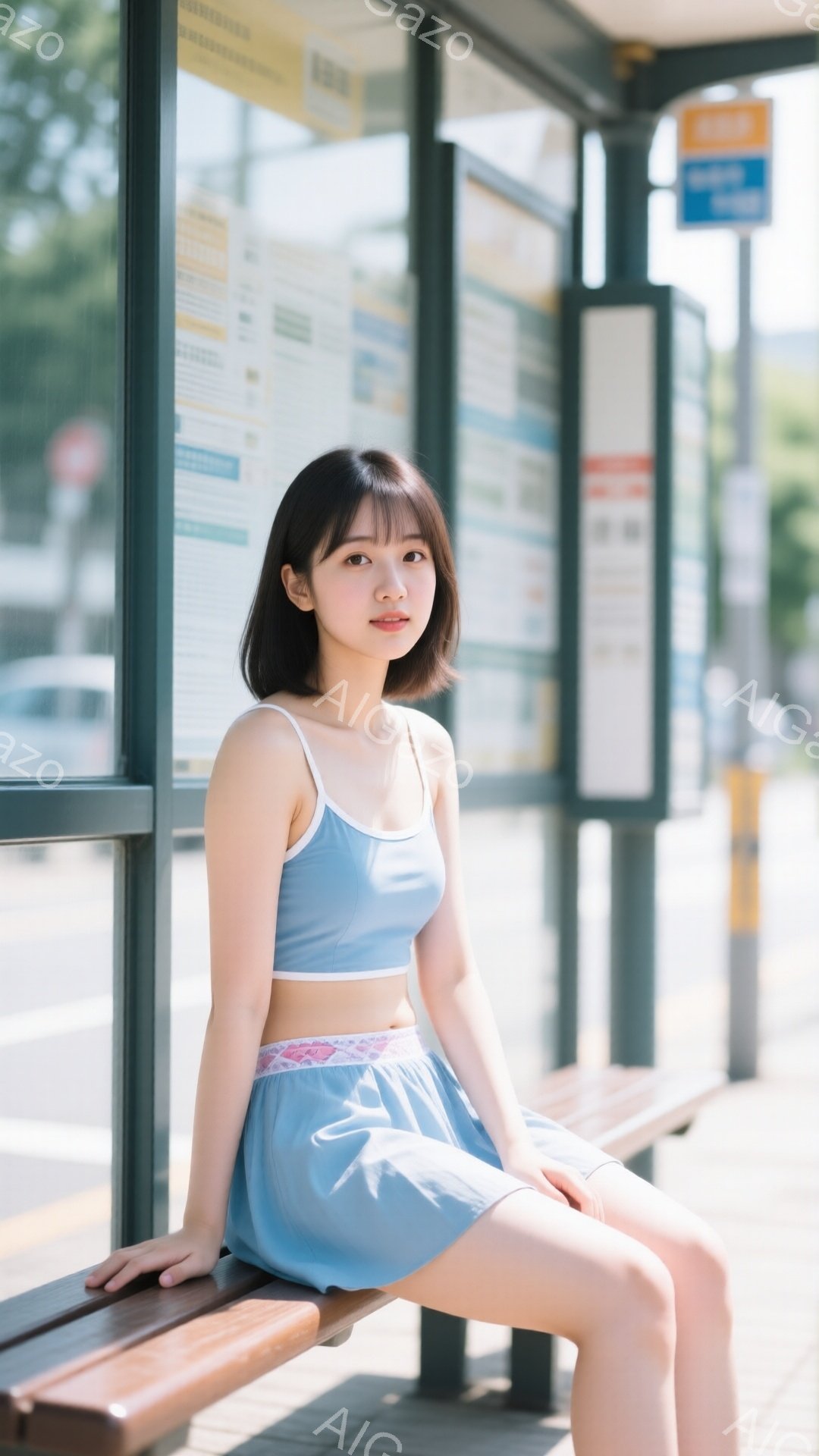 若い女性がバス停のベンチに座っており、水色のキャミソールとショートパンツを着用しています。彼女は黒髪で、前髪が眉毛にかかる程度の長さです。表情は穏やかで、わずかに微笑んでいます。