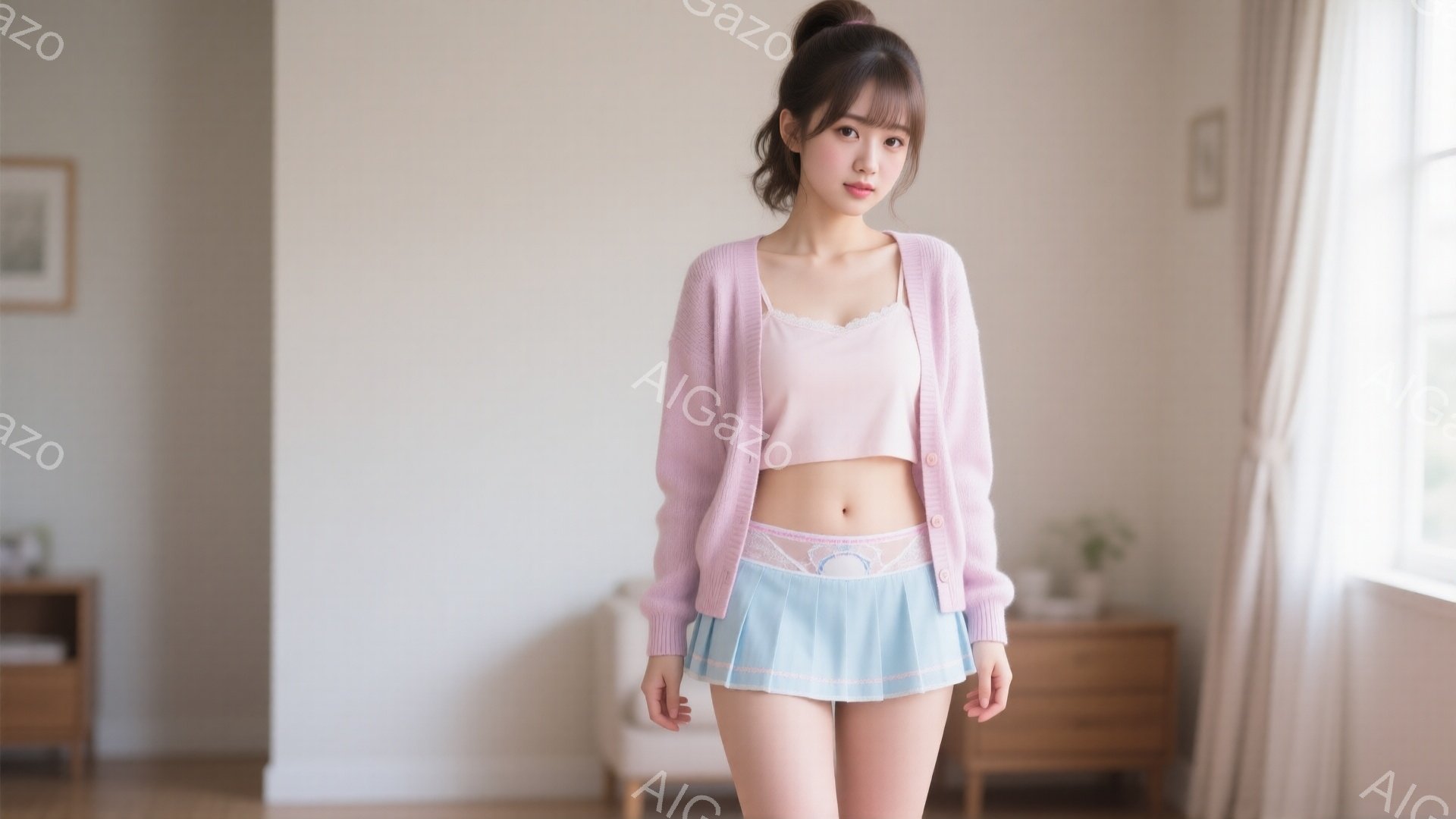 明るい部屋で、ピンクのカーディガンとキャミソール、水色のプリーツスカートを着た若い女性が立っています。彼女は長い茶色の髪をポニーテールにし、少し微笑んでいます。背景には、家具が配置されたシンプルな部屋が見え、穏やかで清潔な雰囲気が漂っています。
