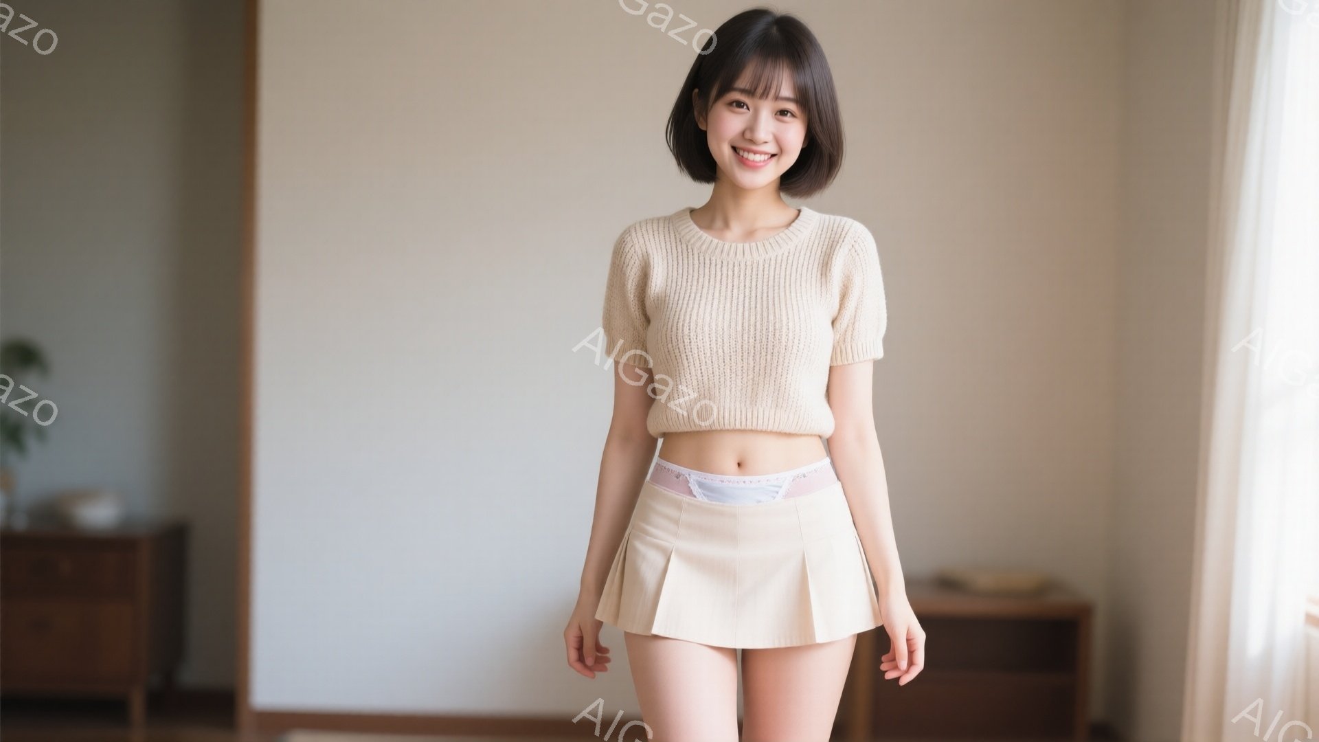 若い女性がベージュの短いセーターと、同じ色のプリーツミニスカートを身に着けて立っています。彼女は短い茶色の髪で、笑顔でカメラを見ています。背景には木製のキャビネットと柔らかな自然光があり、全体的に明るくリラックスした雰囲気です。