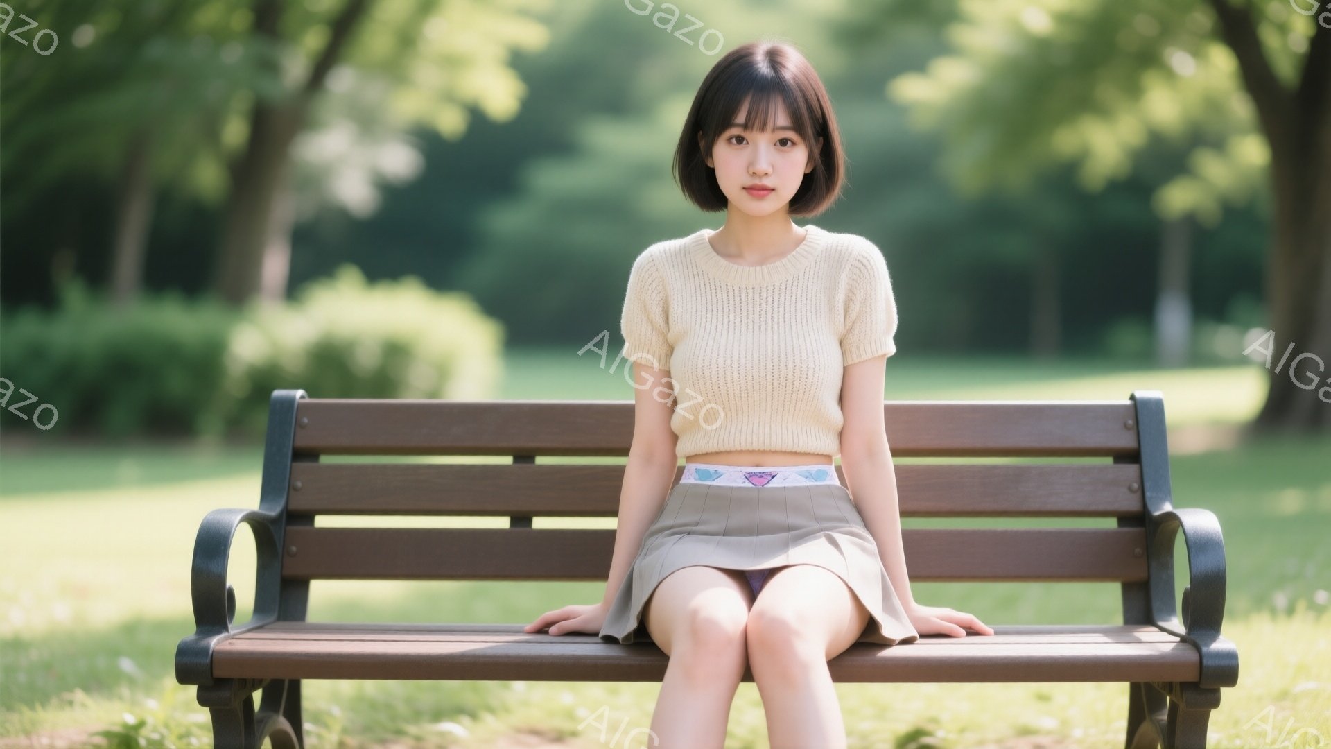 短い茶髪のボブヘアの女性が、公園のベンチに座って正面を見ています。ベージュのクロップド丈のニットと、同色のミニスカート、そしてかわいらしい柄のベルトを着用しています。背景には緑豊かな木々が見え、晴天で柔らかな光が差し込み、穏やかでリラックスした雰囲気を醸し出しています。