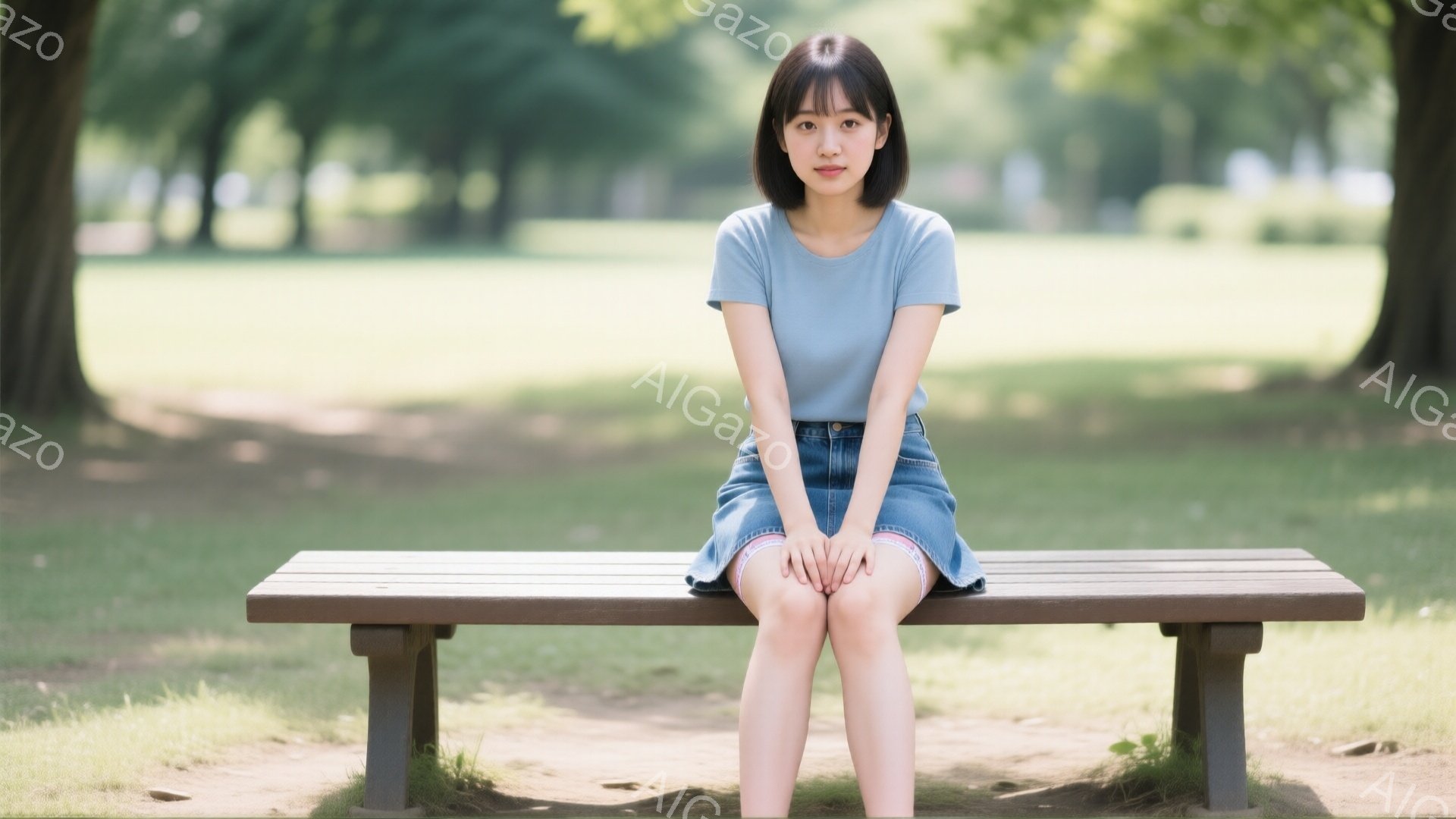 若い女性が公園のベンチに座っている。彼女は水色のTシャツとデニムのスカートを着用し、黒髪のショートボブヘアで、表情は穏やかだ。背景には緑豊かな芝生と木々が見え、晴れた日の穏やかな雰囲気が感じられる。