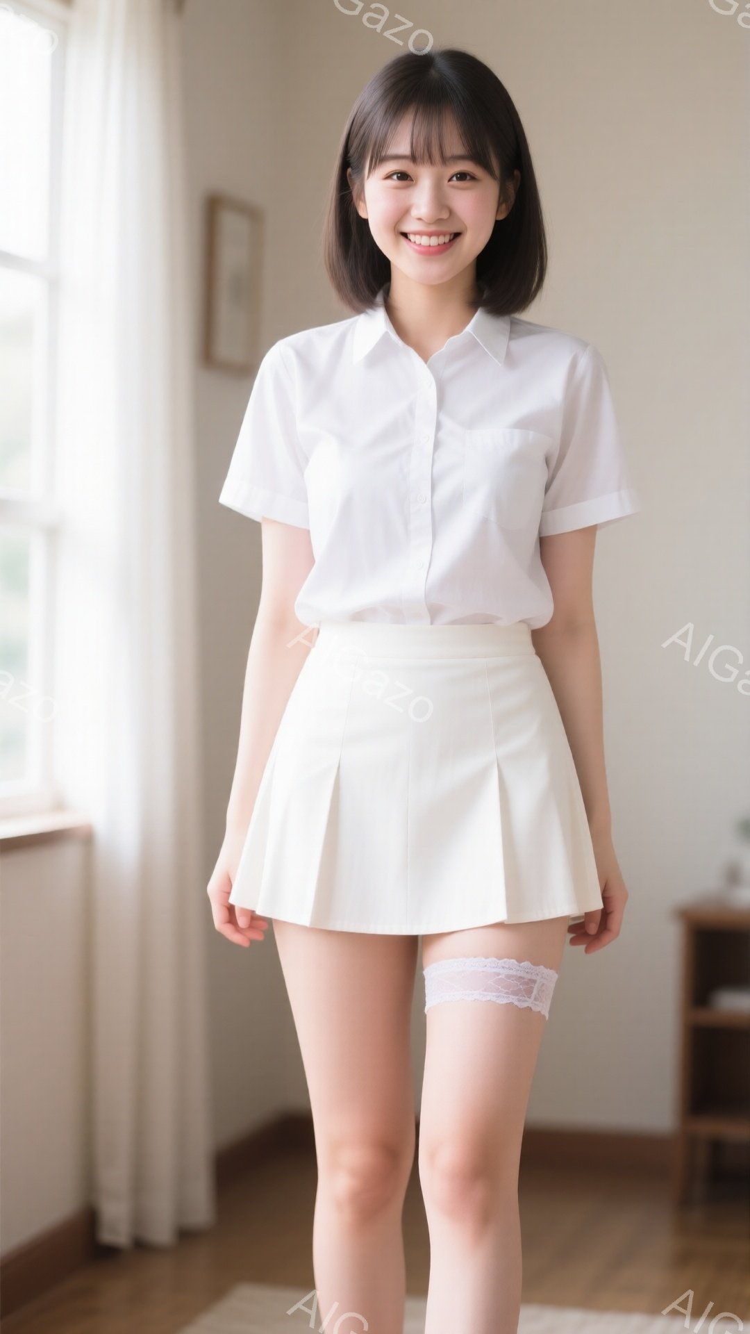 明るい室内で、白いブラウスとプリーツスカートを身につけた若い女性が立っています。彼女は微笑んでおり、肩までの長さの黒髪は整然とされています。背景には窓と家具があり、全体的に清潔で明るい雰囲気が漂っています。