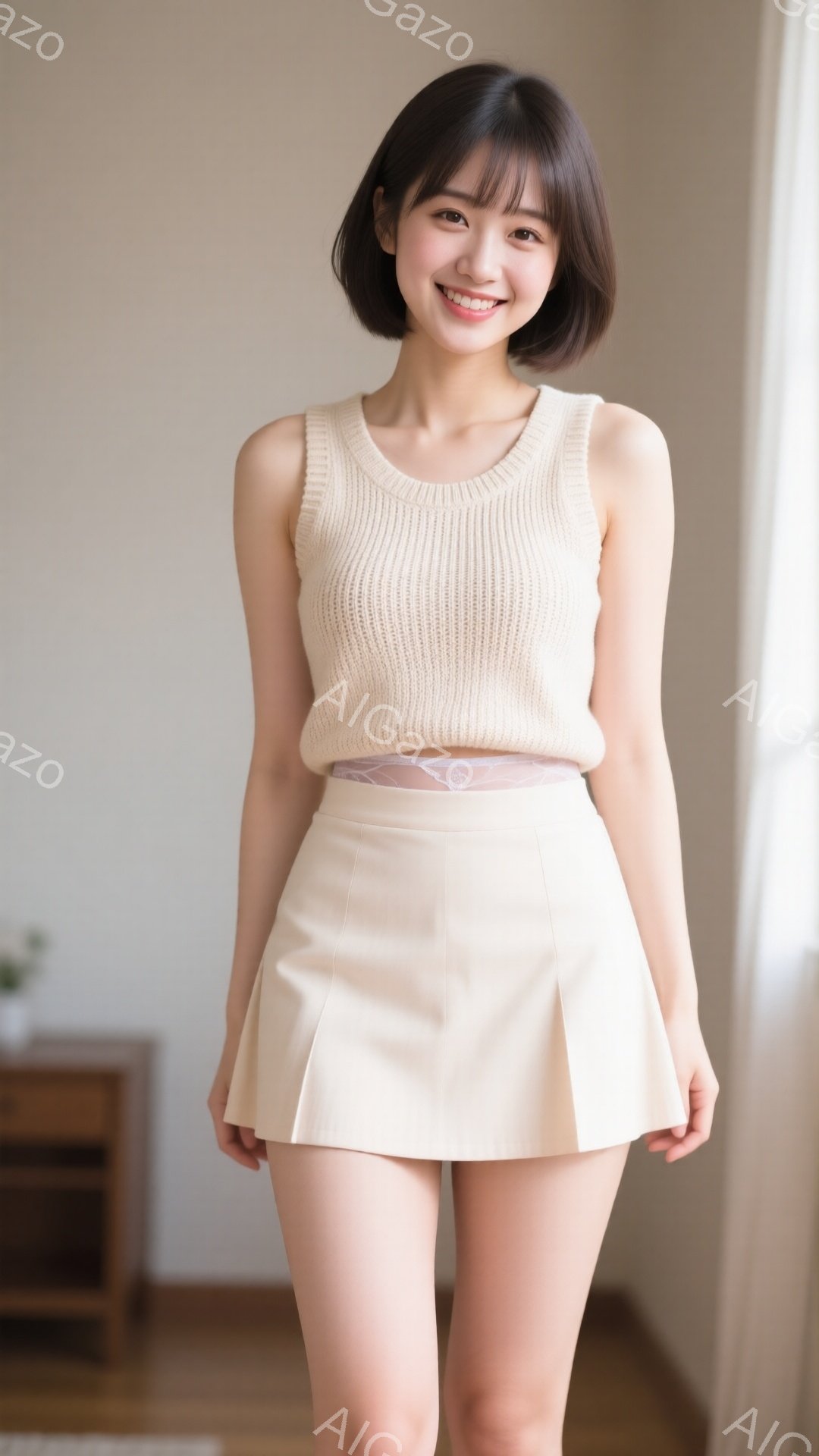 明るい室内で、ベージュのニットベストと、同じ色のプリーツミニスカートを身に着けた若い女性が立っています。彼女は微笑んでおり、肩までの長さの茶髪が可愛らしい印象を与えています。背景には木製のキャビネットが見え、全体的に明るく穏やかな雰囲気です。