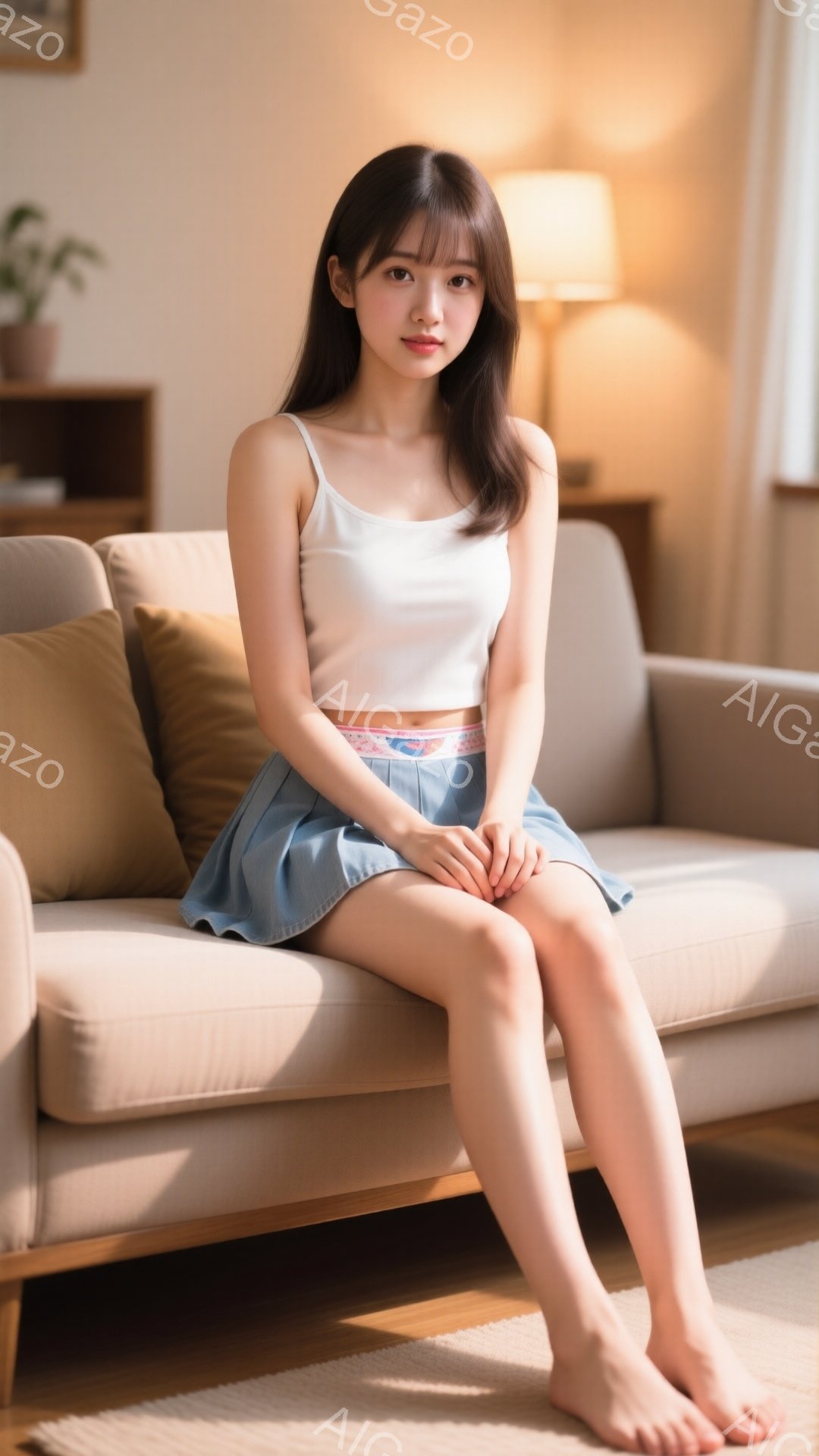 若い女性がベージュ色のソファに座っており、白いキャミソールと水色のプリーツスカートを着用しています。彼女は足を組み、リラックスした表情でカメラを見つめています。背景には木製の棚と間接照明があり、明るく温かい雰囲気の室内です。