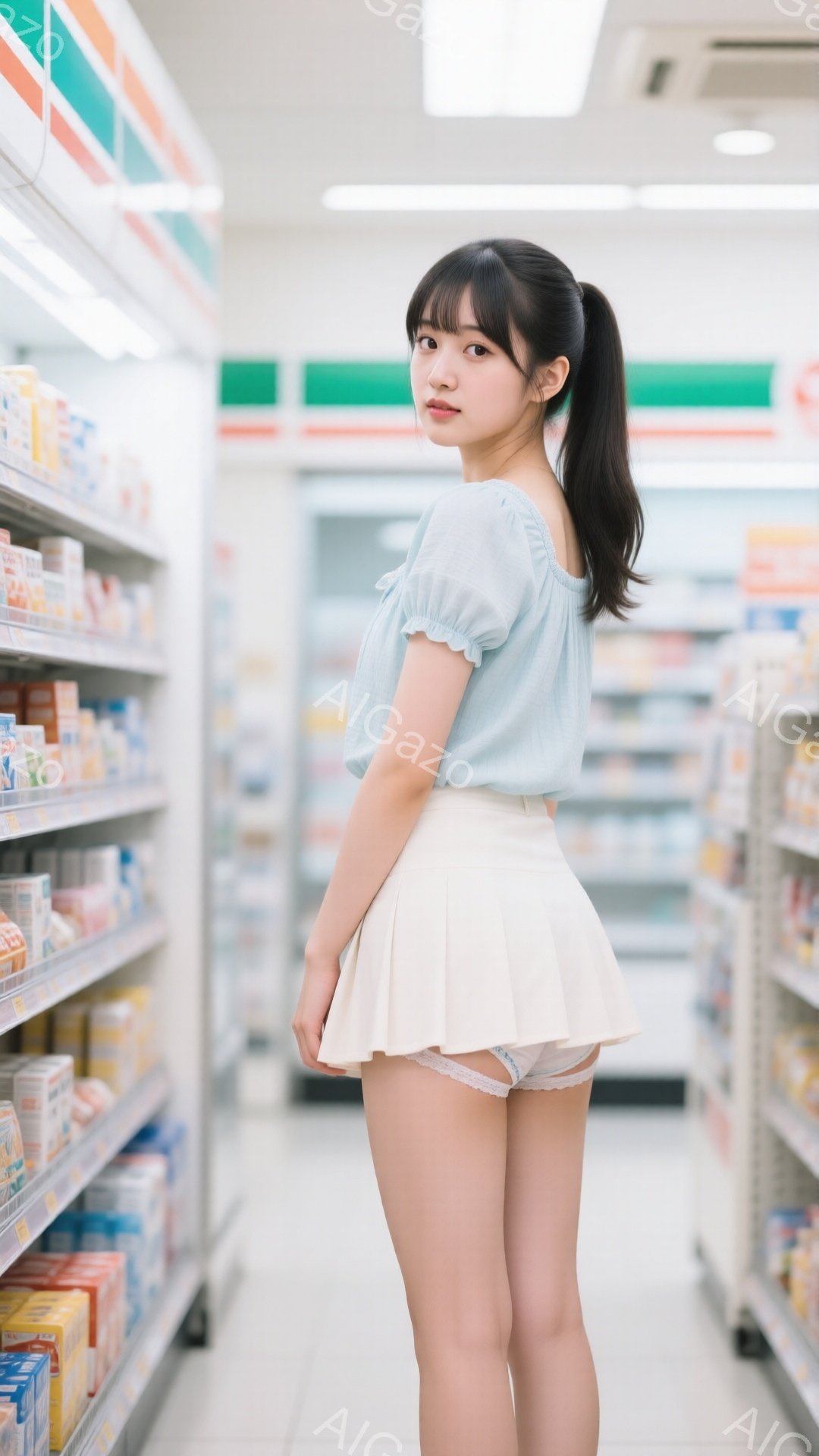 長い黒髪をポニーテールにし、水色のフリルのトップスと白いプリーツスカートを身に着けた若い女性が写っている。彼女は少し振り返り、真剣な表情でカメラを見つめている。背景には、商品が並んだ棚が並び、コンビニエンスストアのような場所で撮影されたことがわかる。