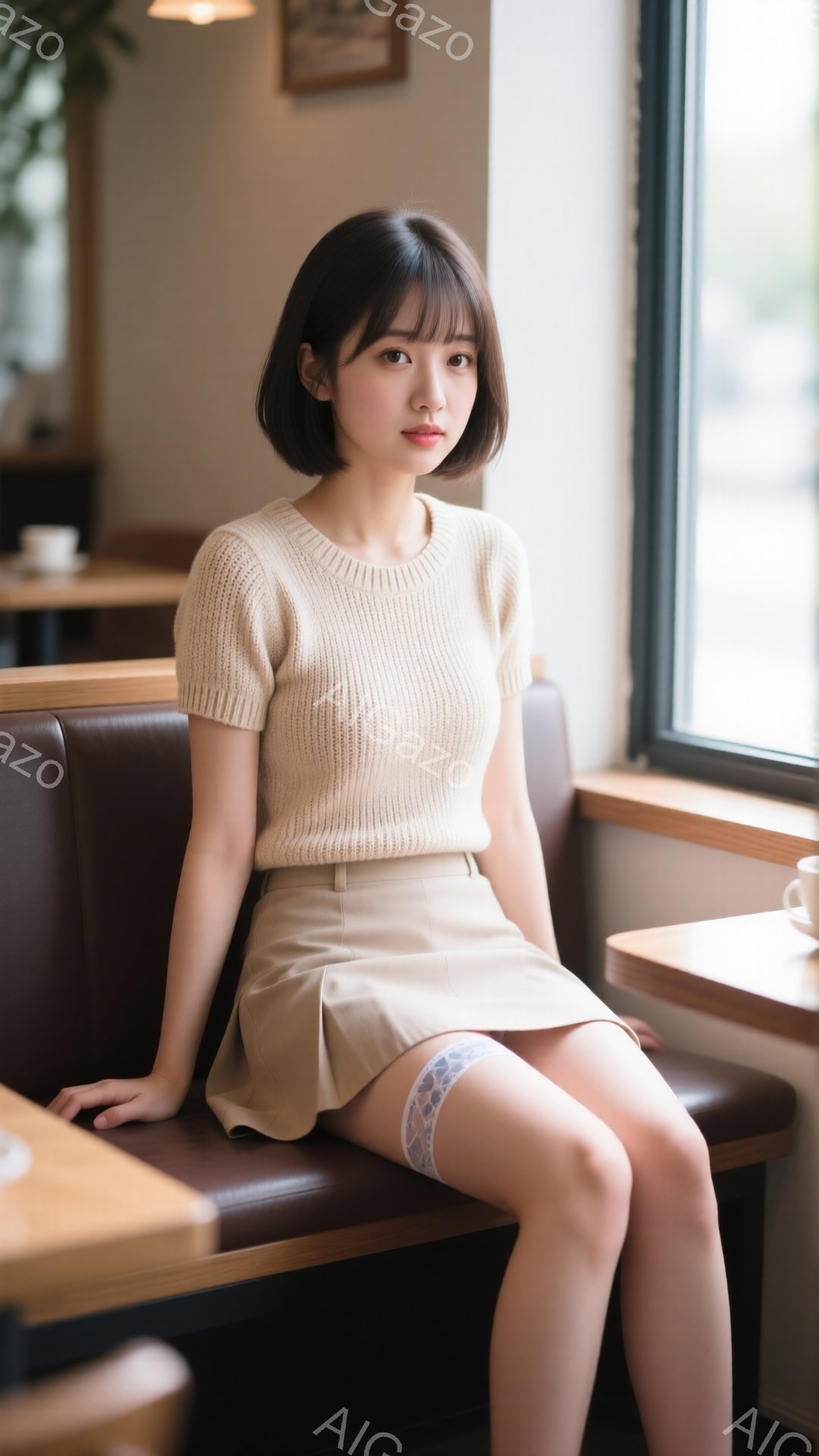 明るい光が差し込むカフェの席に、茶髪のショートヘアの女性が座っています。ベージュのニットとミニスカートを着用し、膝上にはレースのフリルが付いた靴下を履いています。リラックスした表情で、穏やかで落ち着いた雰囲気が漂っています。