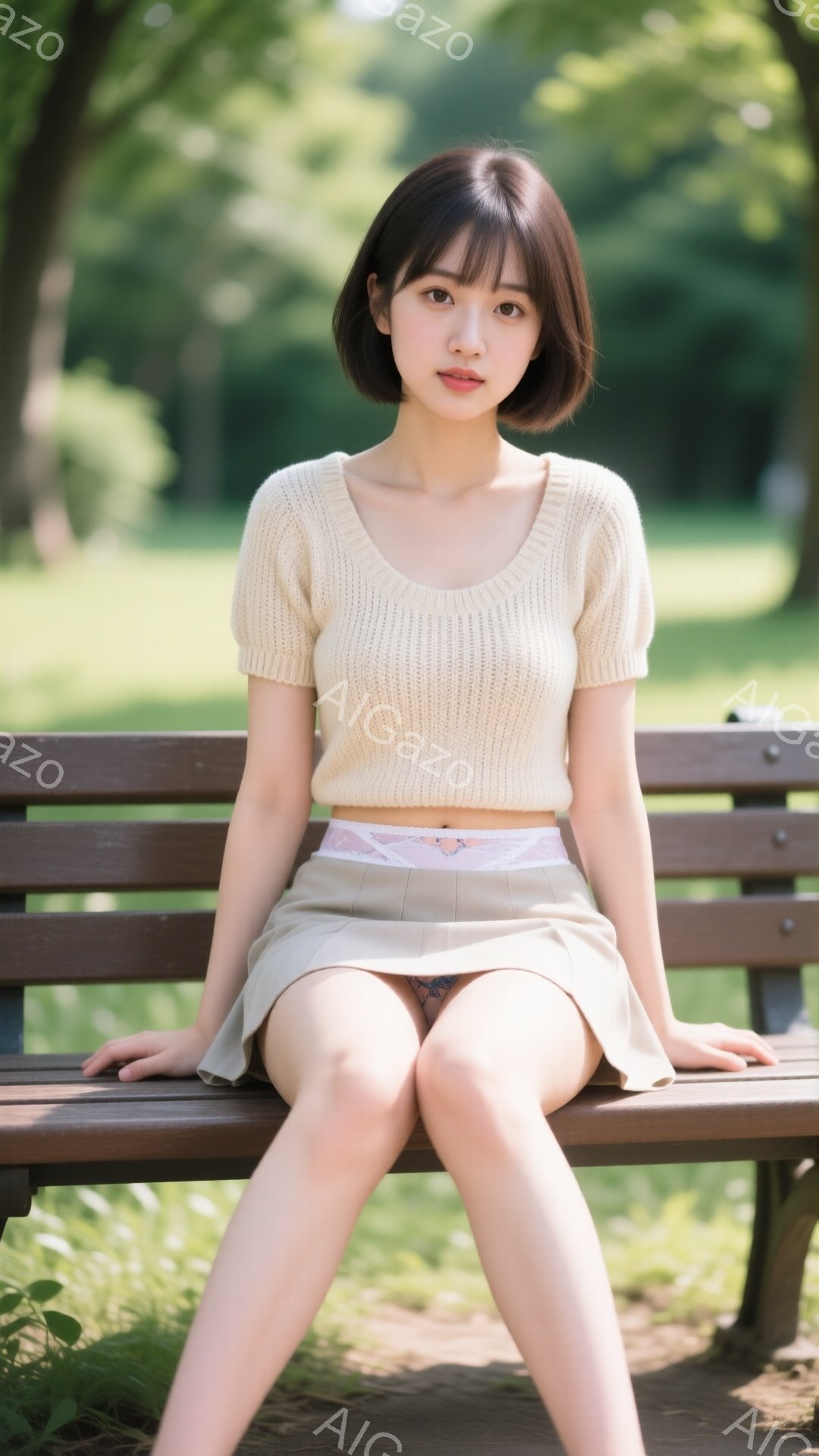 明るい緑の背景に、短い茶色の髪と穏やかな表情の若い女性が写っている。彼女はクリーム色の短いニットトップスと、短いベージュのスカートを着用し、ベンチに座って足を広げている。背景には緑豊かな木々とぼやけた自然が広がっており、晴れた日の穏やかな雰囲気を醸し出している。