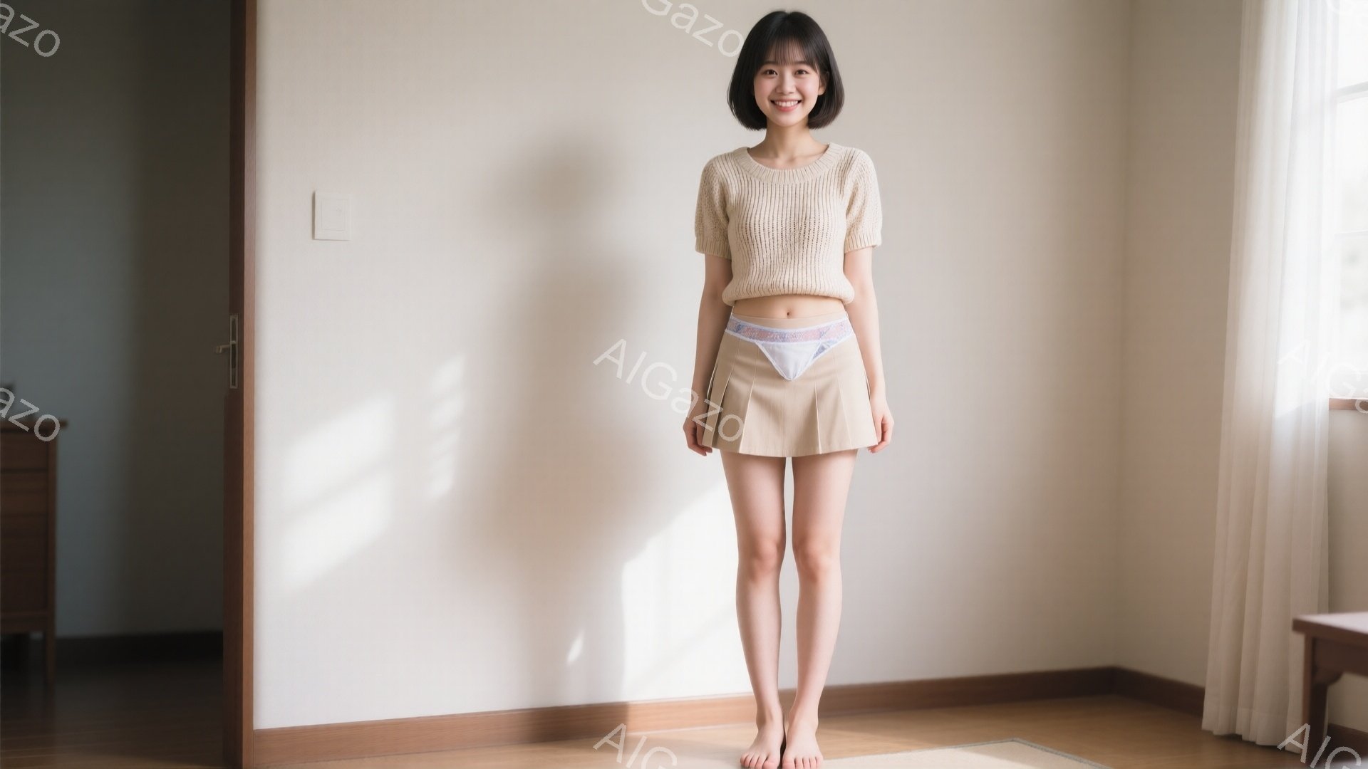 短いボブヘアの女性が、ベージュのざっくりとしたセーターと短いプリーツスカートを着用し、下着が見える状態で立っています。彼女は微笑んでおり、リラックスした雰囲気です。背景は薄いベージュ色の壁と木の床で、部屋の一部が見えます。