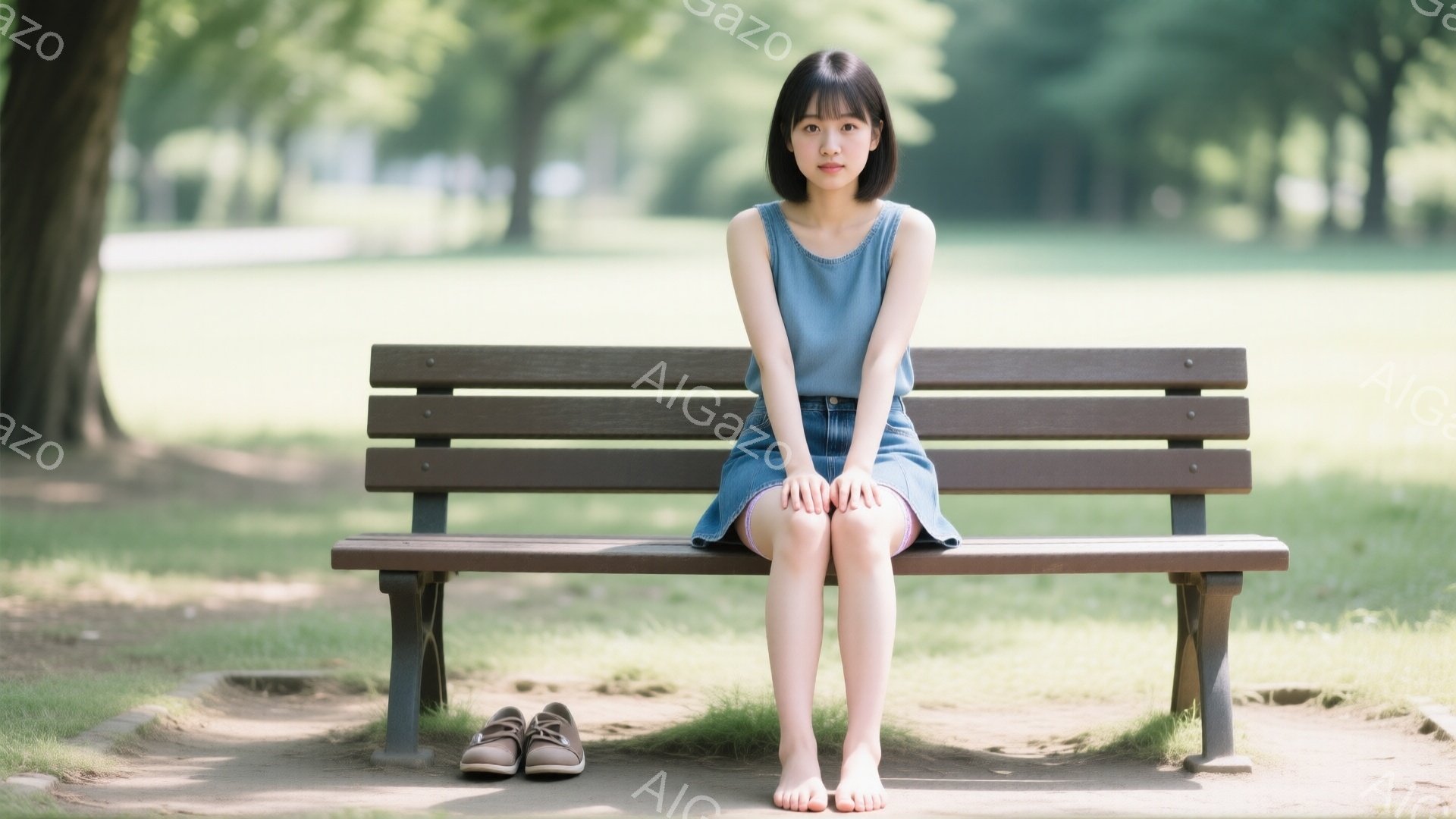 若い女性が公園のベンチに座っており、水色のタンクトップと膝丈のデニムスカートを着用しています。彼女は足を組んで座り、足は裸足で、隣には茶色の靴が置かれています。背景には緑豊かな木々と芝生があり、晴れた日の穏やかな雰囲気が漂っています。