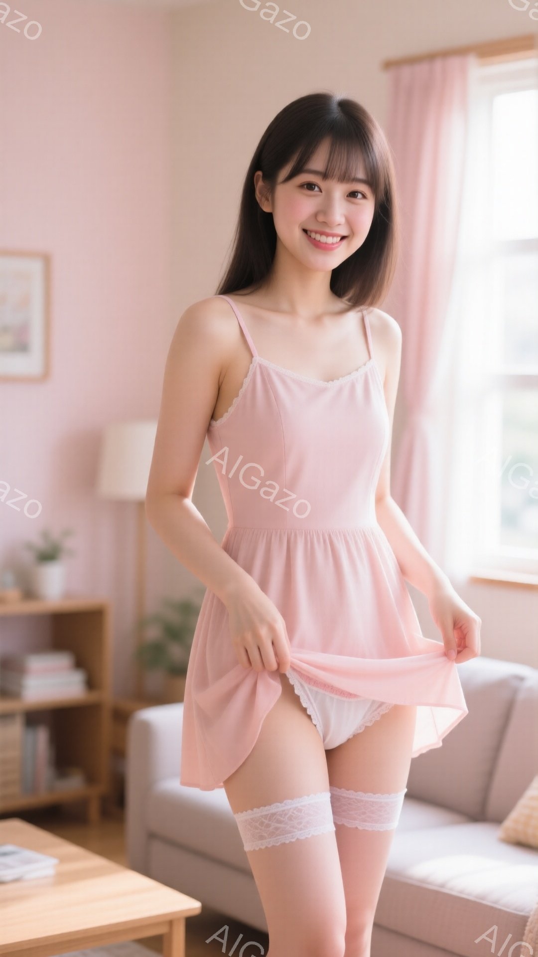 薄いピンク色のキャミソールワンピースを着た若い女性が写っています。彼女は髪を肩まで伸ばし、軽く微笑んでいます。背景には、窓からの自然光が差し込むリビングルームがあり、ソファや棚が見えます。