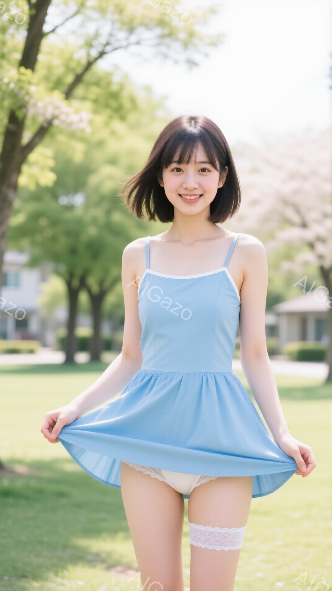 若い女性が水色のワンピースを着て、スカートを少し持ち上げています。彼女は短い黒髪で、笑顔でカメラを見ています。背景には緑の芝生と木々が見え、晴れた日の穏やかな春の雰囲気です。