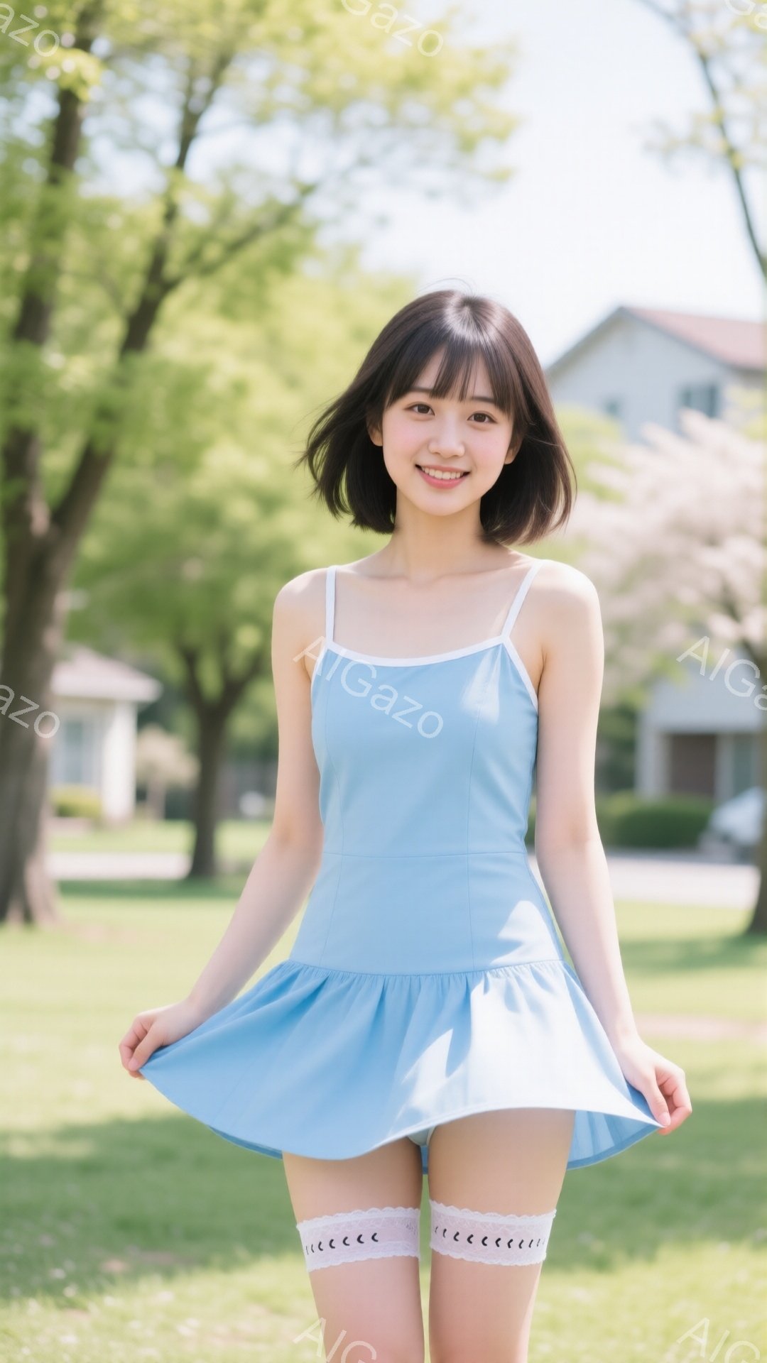 明るい青色のキャミソールワンピースを着た若い女性が写っています。彼女は短い茶髪で、笑顔を浮かべながらワンピースの裾を少し持ち上げています。背景には緑の芝生、木々、そして住宅が見え、晴れた日の穏やかな春の雰囲気を感じさせます。