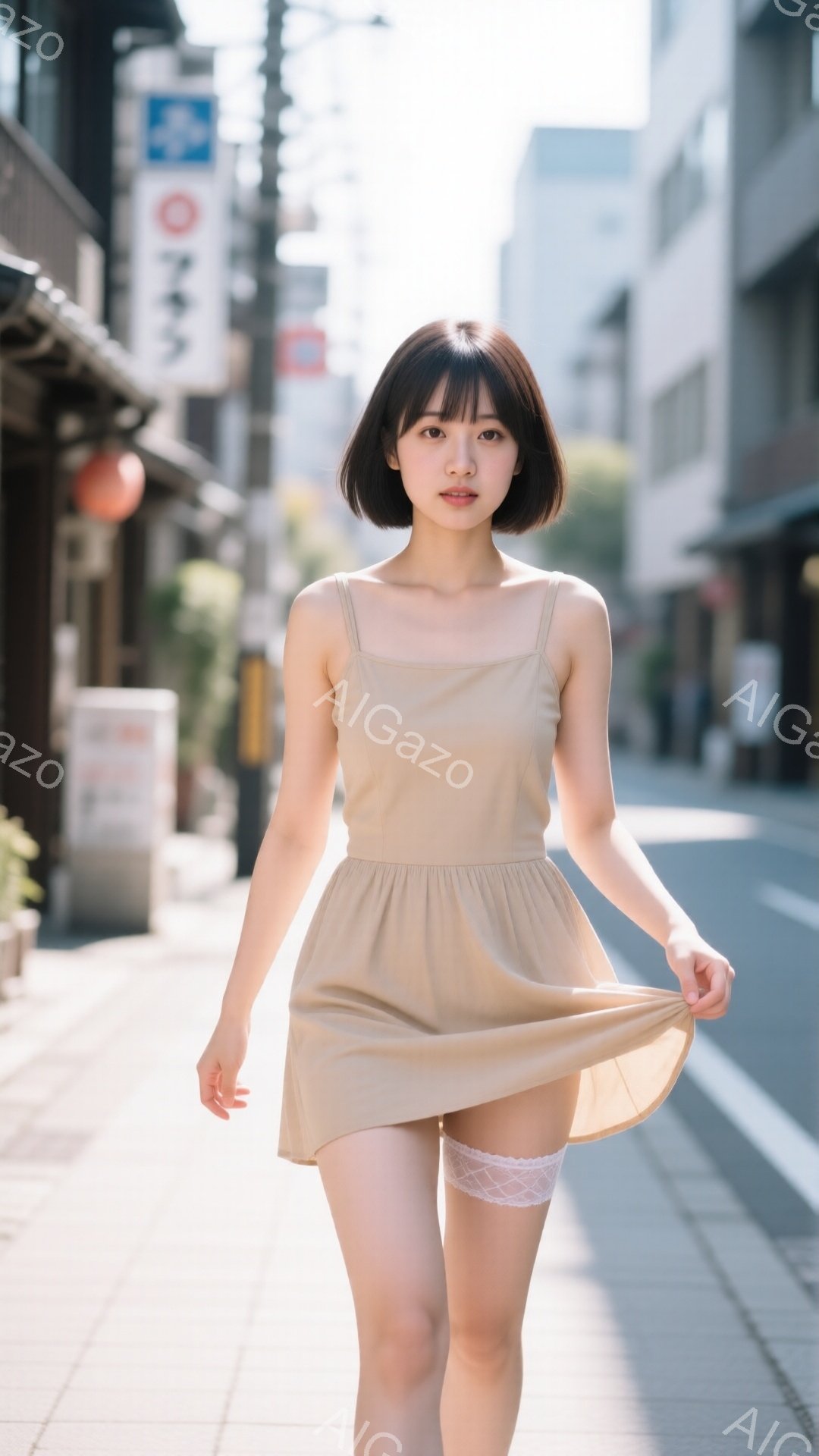 ショートカットの女性が、ベージュ色のキャミソールワンピースを着て、風に揺れるスカートを押さえています。彼女はわずかに微笑んでおり、背景には日本の街並み、商店や建物が広がっています。日差しが強く、晴れた日の穏やかな雰囲気が漂っています。