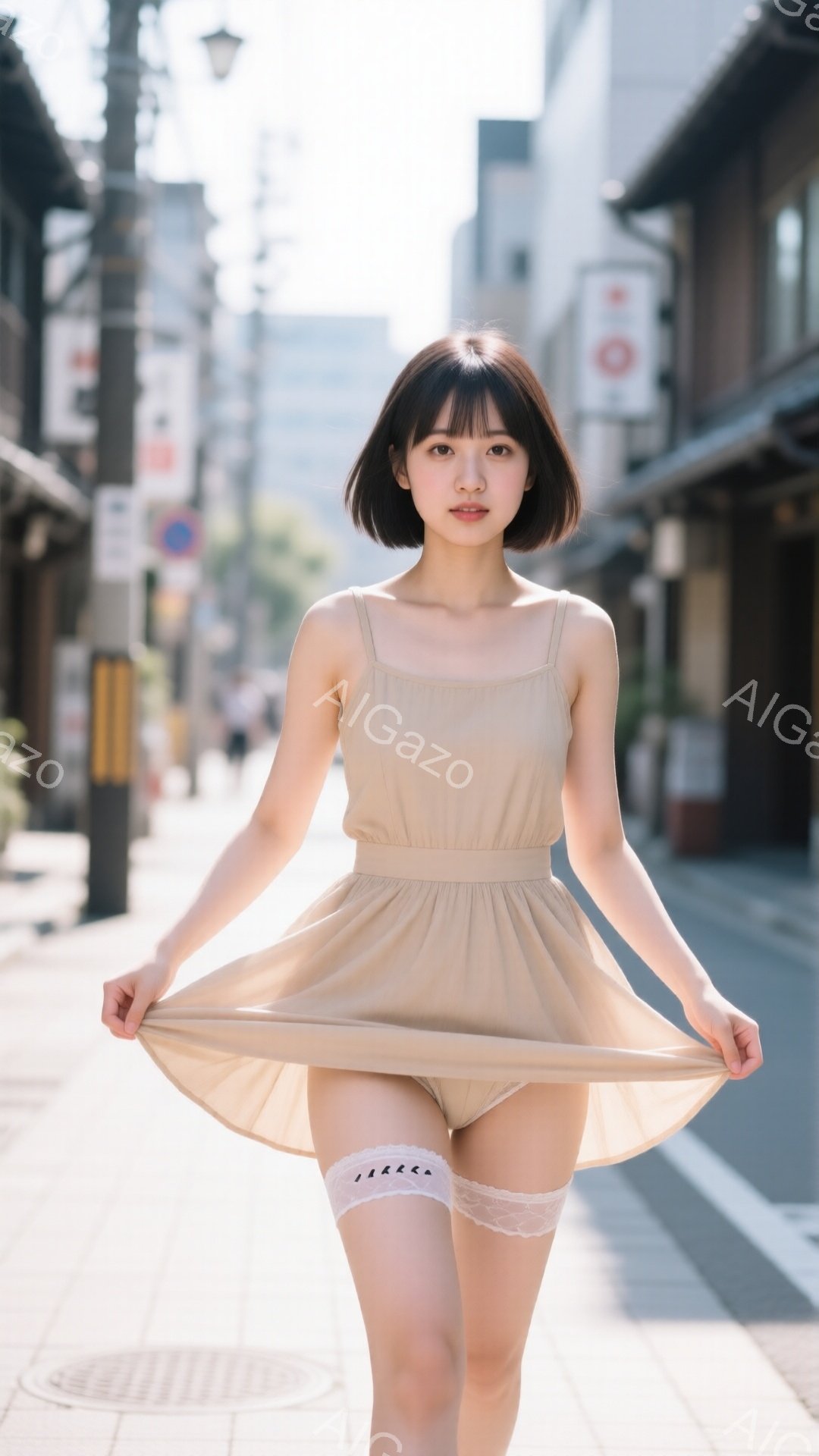 明るい日差しの下、ベージュ色のキャミソールワンピースを着た若い女性が写っています。彼女はワンピースの裾を持ち上げ、少しいたずらっぽい笑顔を浮かべています。背景には木造の建物が並び、日本の古い街並みを思わせる風景です。