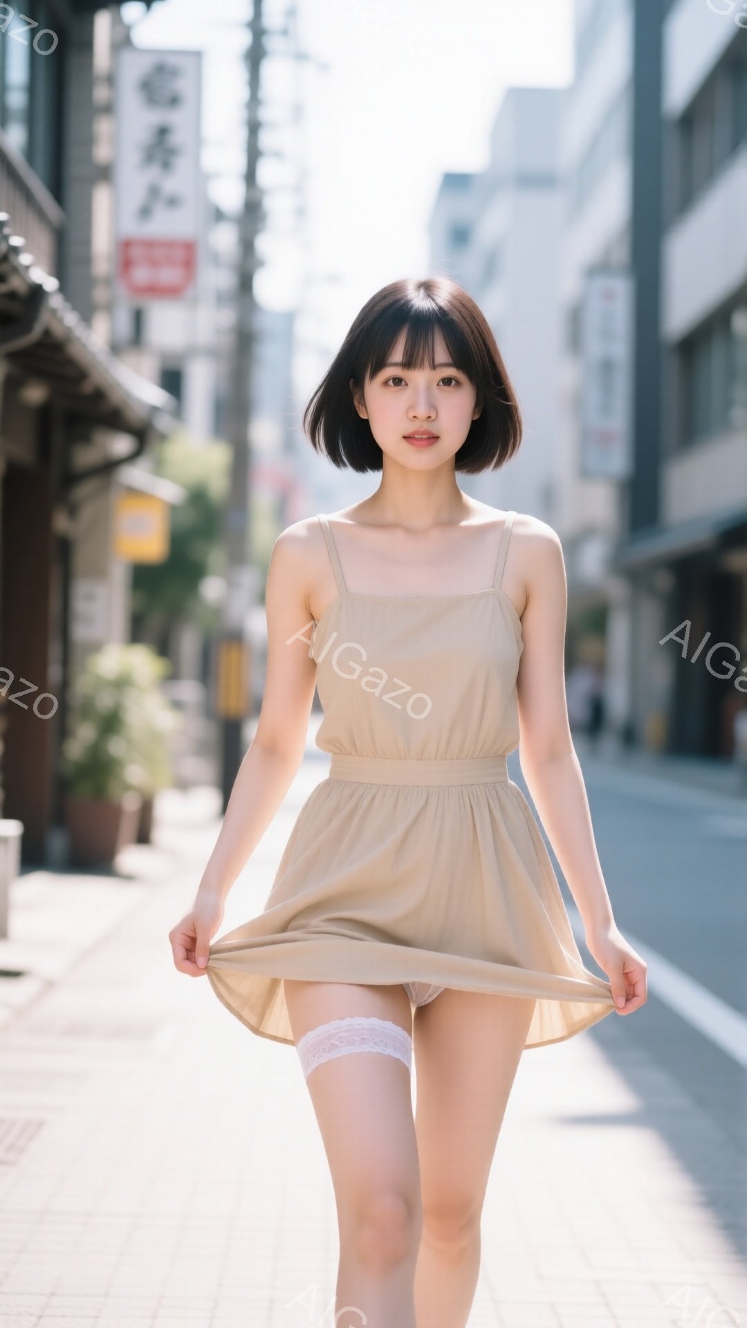 若い女性がベージュ色のキャミソールワンピースを着て、道路を歩いています。彼女は短い髪で、少し微笑んでおり、ワンピースの裾を軽く掴んでいます。背景には建物や商店が並び、晴れた日の穏やかな街並みが広がっています。