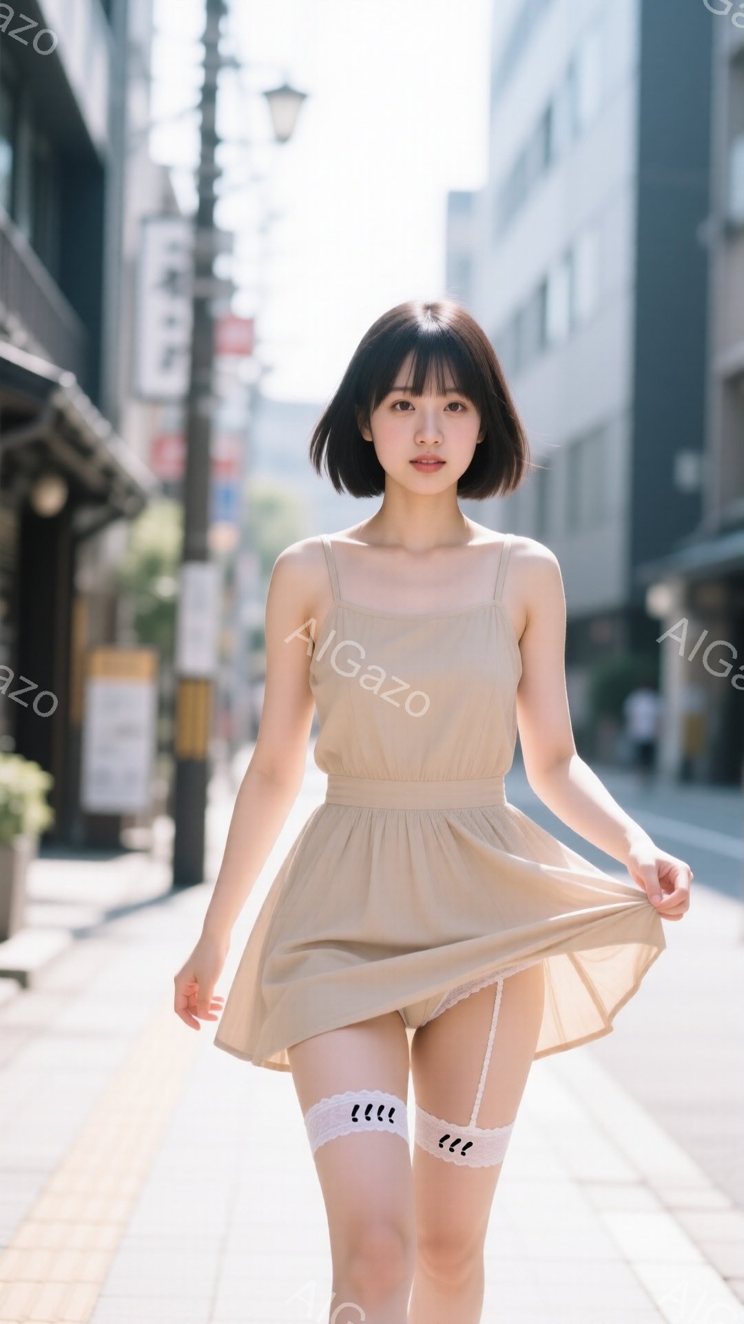 明るい日差しの下、短い茶色のワンピースを着た若い女性が写っている。彼女はワンピースの裾を持ち上げ、少し微笑んでいる。背景には建物が並び、石畳の道が続いている。