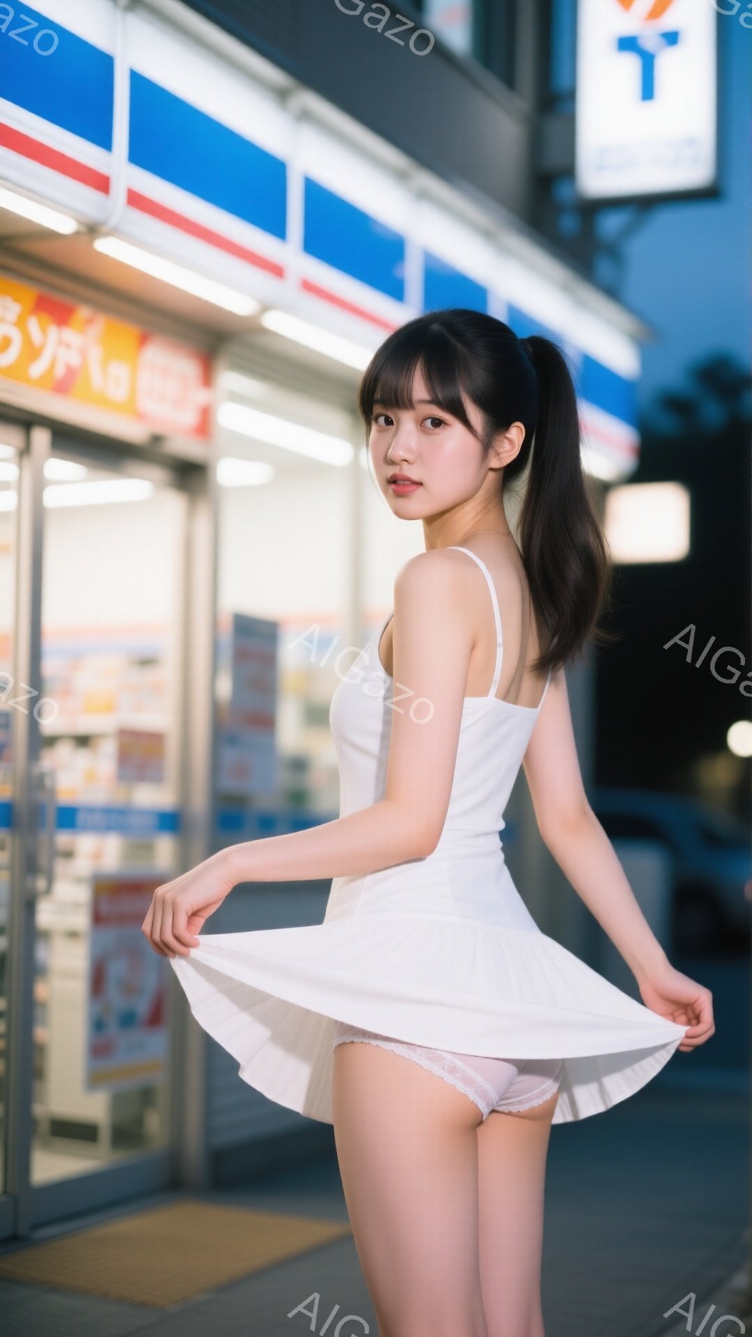 長い黒髪をポニーテールにし、白いキャミソールとミニスカートを身に着けた若い女性が写っている。彼女はスカートの裾を持ち上げ、少し振り返ってカメラを見ている。背景にはコンビニエンスストアがあり、夜の街並みがぼんやりと見える、少しセクシーで明るい雰囲気が漂う。