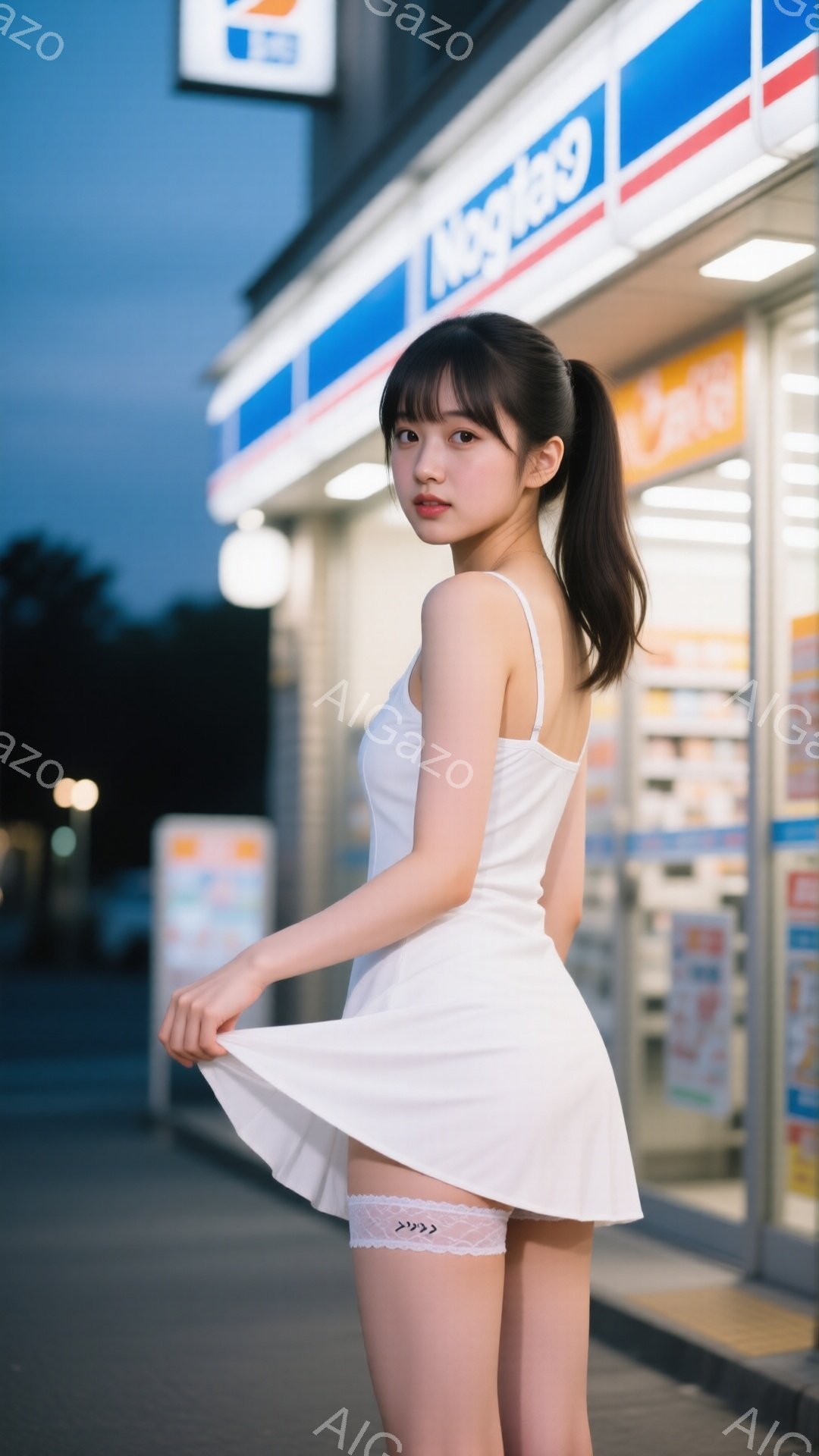 長い黒髪をポニーテールにした若い女性が、白いミニドレスを着て、スカートを少し持ち上げています。彼女は少し困ったような表情でカメラを見ており、背景には夜のコンビニエンスストアがぼんやりと見えます。全体的に、少し不思議で、青春を感じさせる雰囲気です。