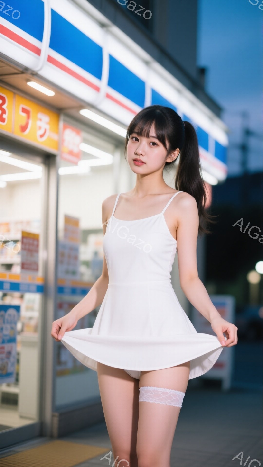 白いキャミソールワンピースを着た若い女性が、スカートを少し持ち上げて立っています。彼女は長い黒髪をポニーテールにし、少し微笑んでいます。背景にはコンビニエンスストアがあり、夜の街並みが広がっています。