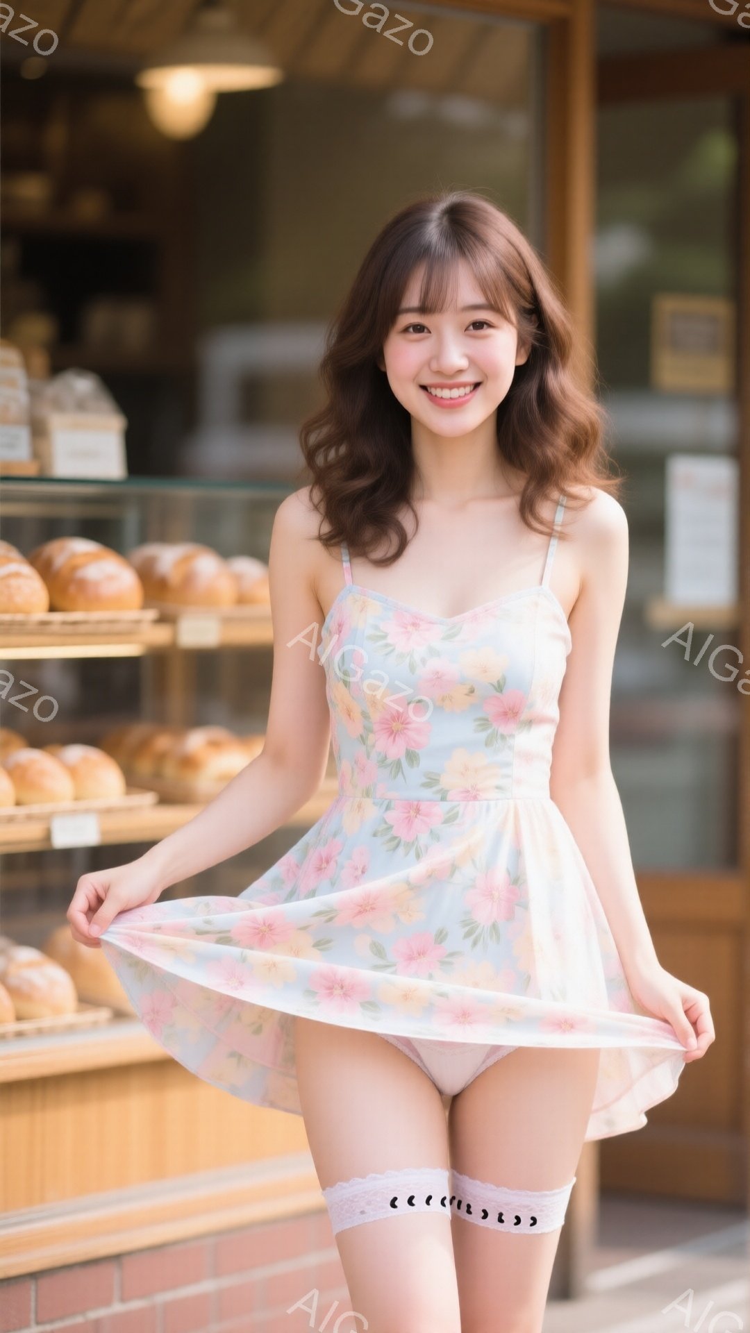 明るい笑顔を浮かべた若い女性が、水色の花柄のワンピースを着て立っている。彼女はワンピースの裾を持ち上げており、黒いレースのニーハイソックスを履いている。背景にはパン屋のようなお店があり、ショーケースにはパンが並べられている。