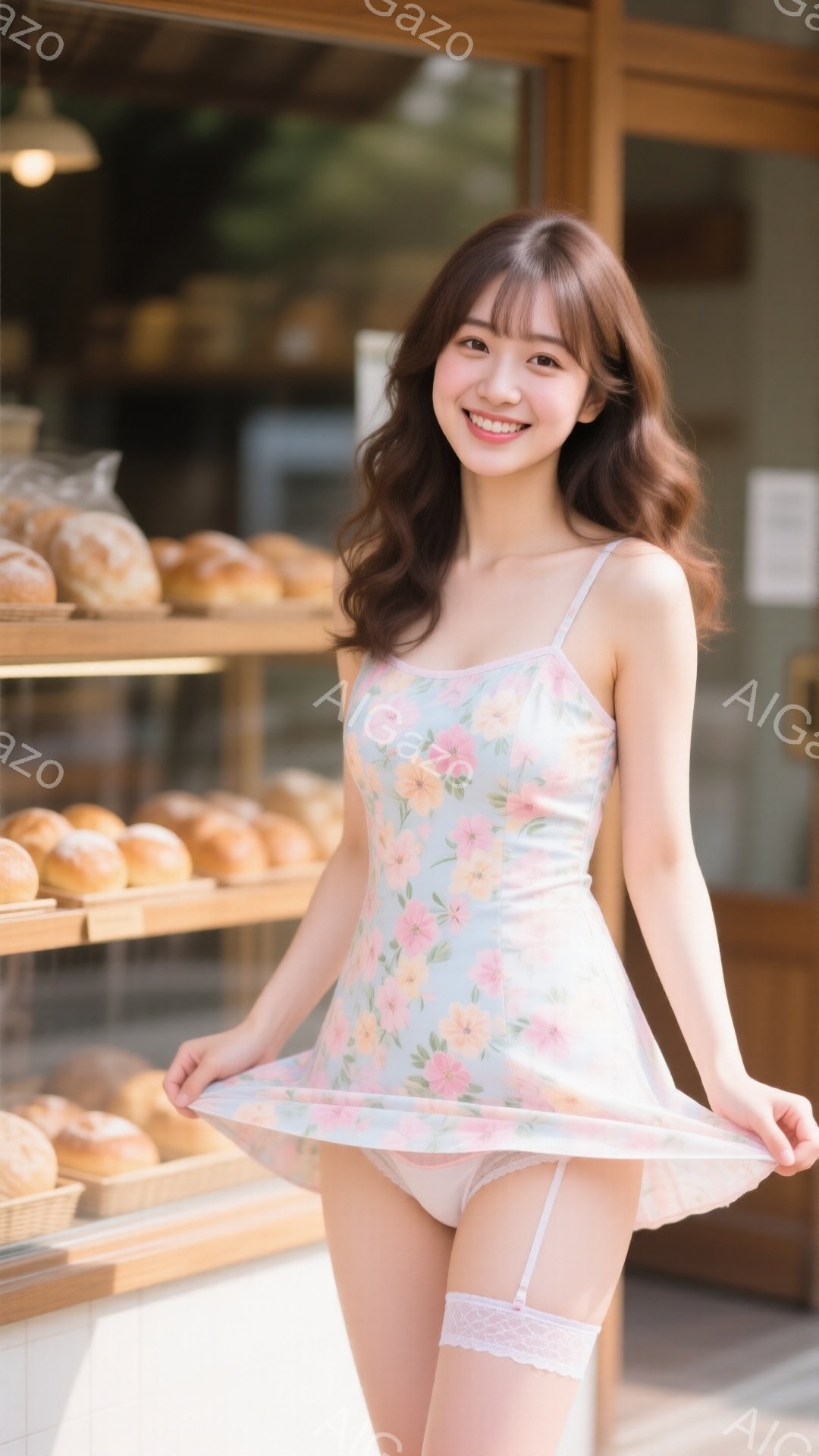 明るい笑顔を浮かべた若い女性が、水色の花柄のキャミソールワンピースを着てポーズを取っています。彼女はワンピースの裾を軽く広げ、白いレースのガーターベルトを着用しています。背景にはパン屋のショーケースが写っており、暖かく親しみやすい雰囲気です。