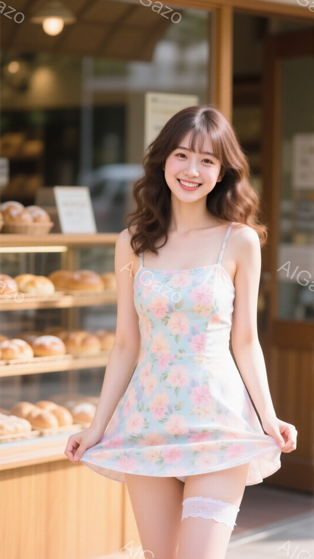 明るい笑顔を浮かべた若い女性が、水色とピンクの花柄のキャミソールワンピースを着ています。彼女は髪を肩まで伸ばし、ふんわりとしたウェーブを付けています。背景にはパン屋のショーケースが見え、暖かく穏やかな雰囲気が漂っています。