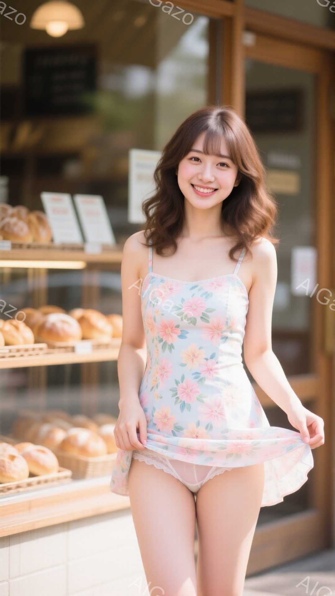 明るい日差しの下、花柄のキャミソールワンピースを着た若い女性が微笑んでいます。彼女はワンピースの裾を持ち上げ、少し恥ずかしそうな表情を浮かべています。背景にはパン屋があり、ショーケースには様々なパンが並んでいます。