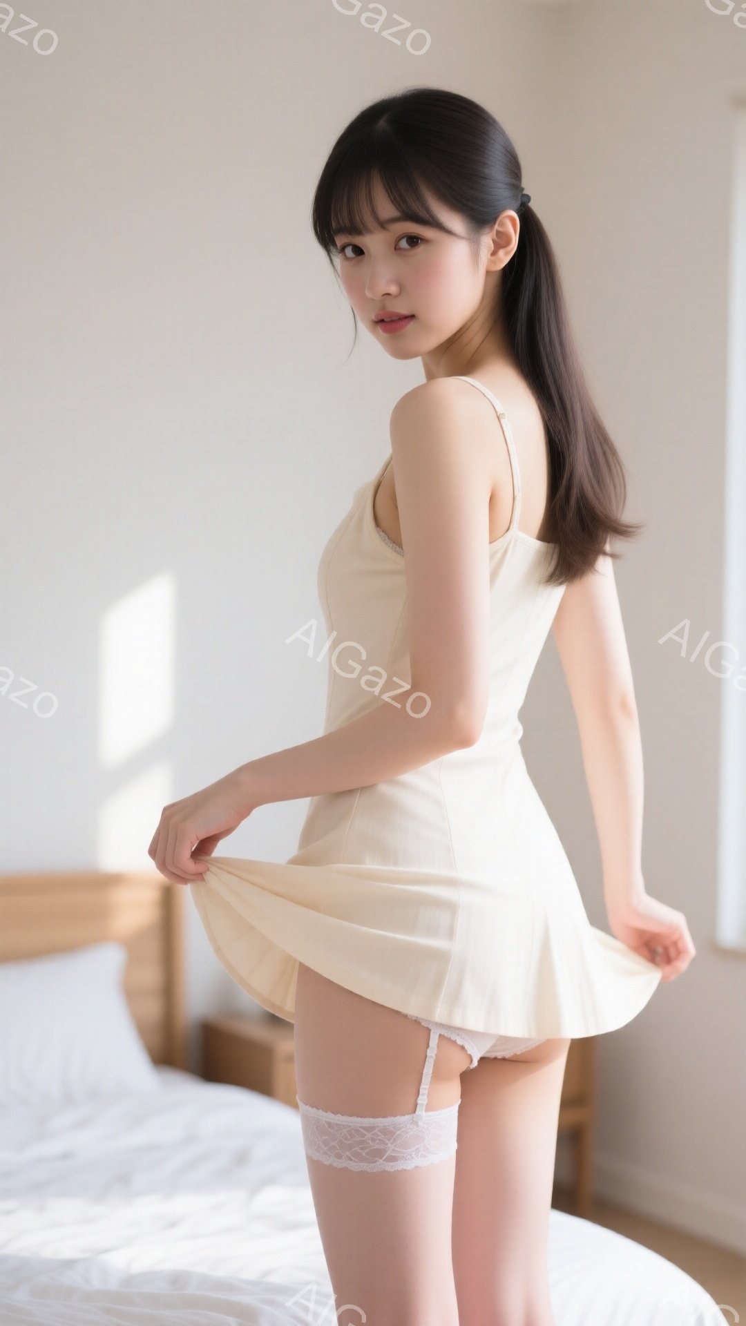 長い黒髪をポニーテールにした女性が、クリーム色のキャミソールとミニスカート、レースのサスペンダーを身につけています。彼女はスカートを少し持ち上げており、少し微笑んでいます。背景はベッドと控えめな家具のある明るい部屋で、全体的に柔らかく、少し甘い雰囲気です。