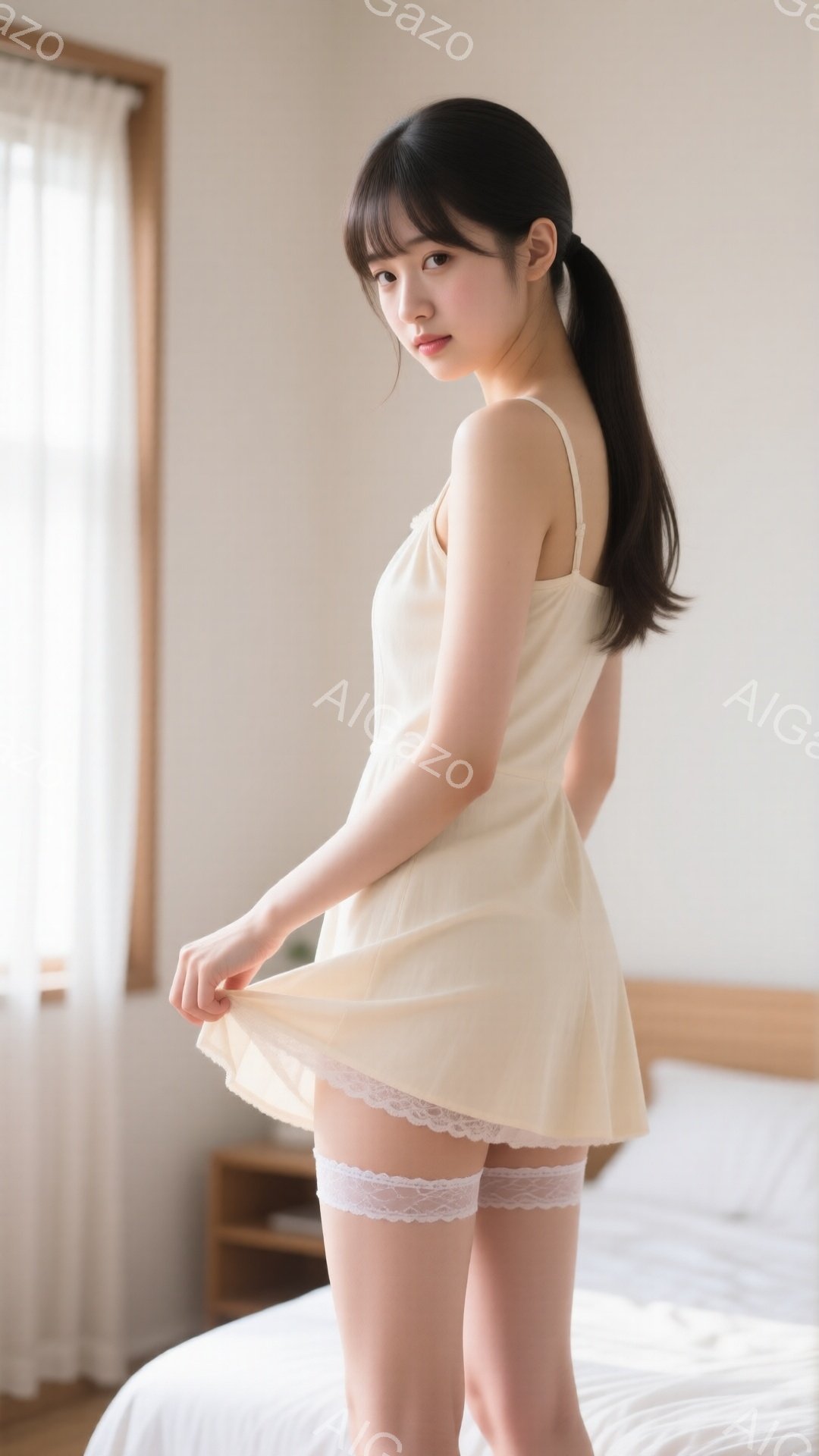 長い黒髪をポニーテールにした若い女性が、クリーム色のキャミソールワンピースを着て立っています。彼女はワンピースの裾を持ち上げ、微笑んでいます。背景にはベッドとナイトスタンドがあり、明るく清潔な寝室の雰囲気です。