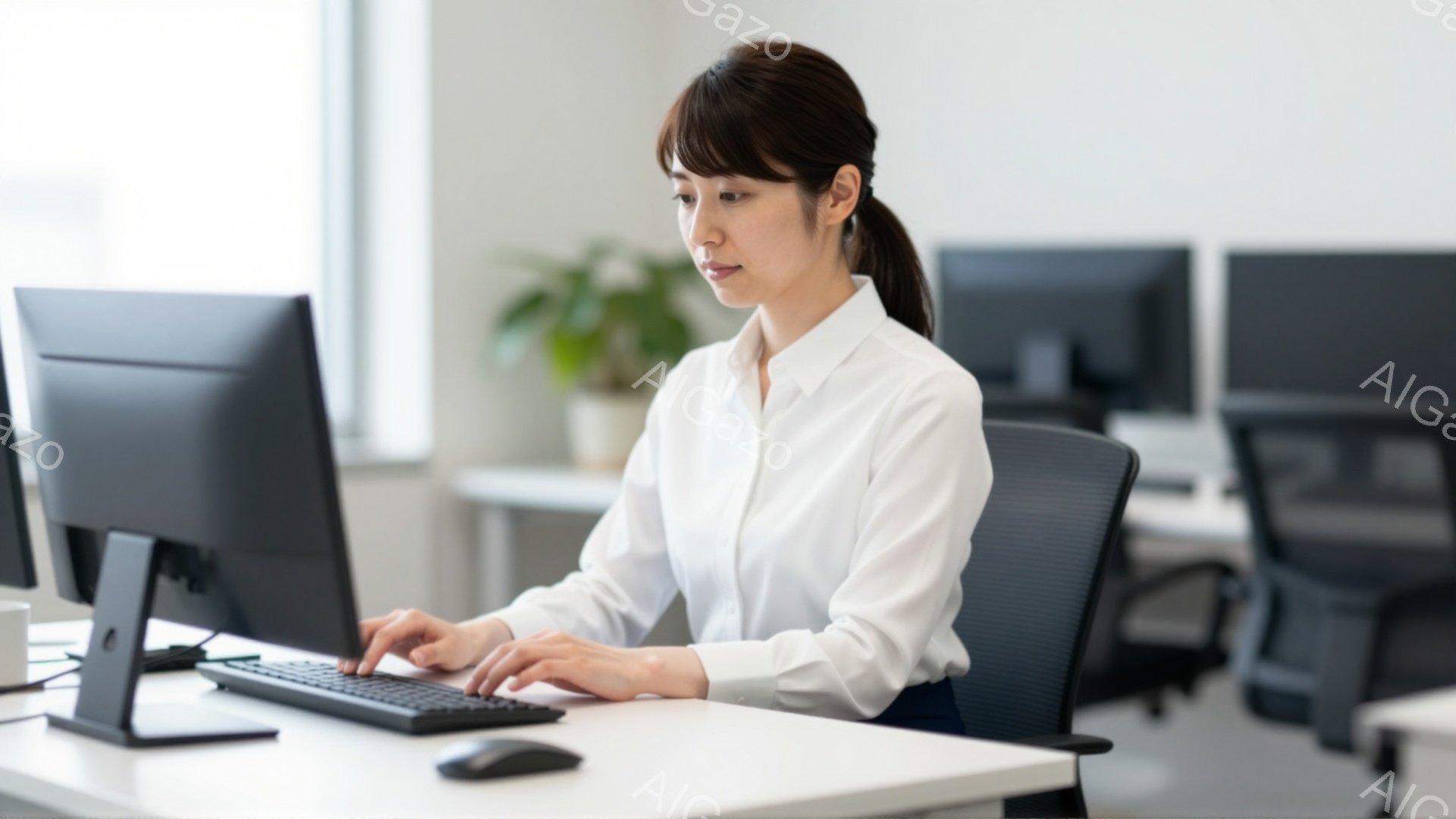 白いシャツを着た女性が、オフィスでコンピューターに向かってタイピングしている。彼女は髪を後ろでまとめ、集中した表情でキーボードを見ている。背景には、他のコンピューターやシンプルな内装のオフィス空間が見え、全体的に清潔で落ち着いた雰囲気である。